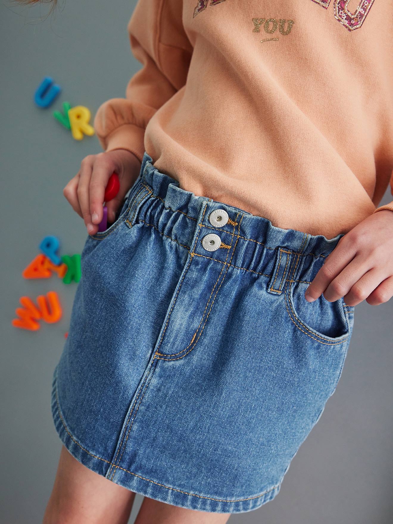 Vertbaudet Mädchen Jeansrock, Paperbag-Bund - blue stone
