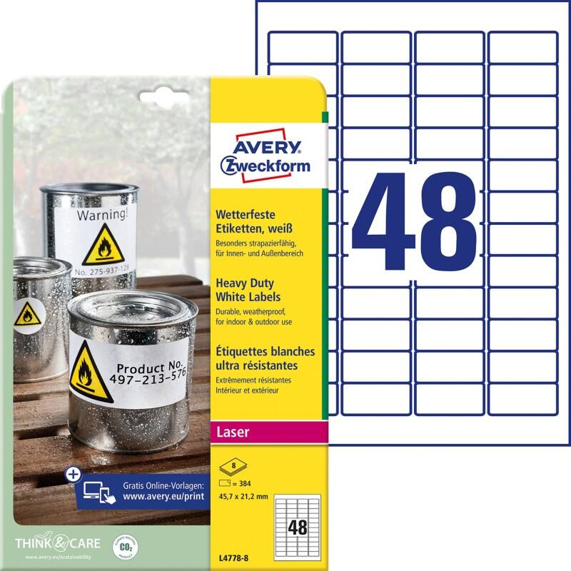 AVERY Zweckform Wetterfeste Etiketten L4778-8 Selbsthaftend DIN A4 Weiß 45,7 x 21,2 mm 8 Blatt à 48 Etiketten