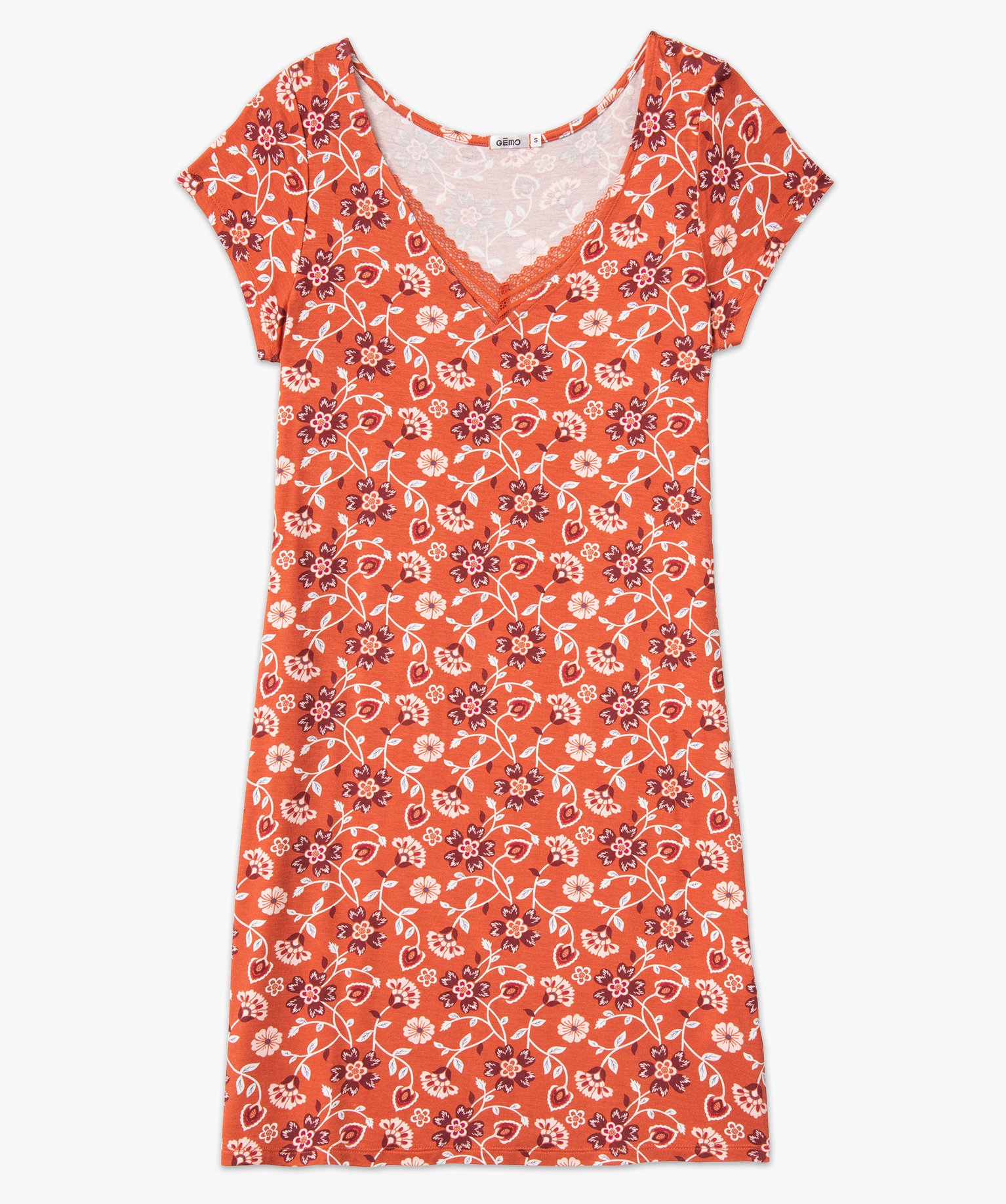 Chemise de nuit en maille extensible avec col V en dentelle ... imprime | GEMO