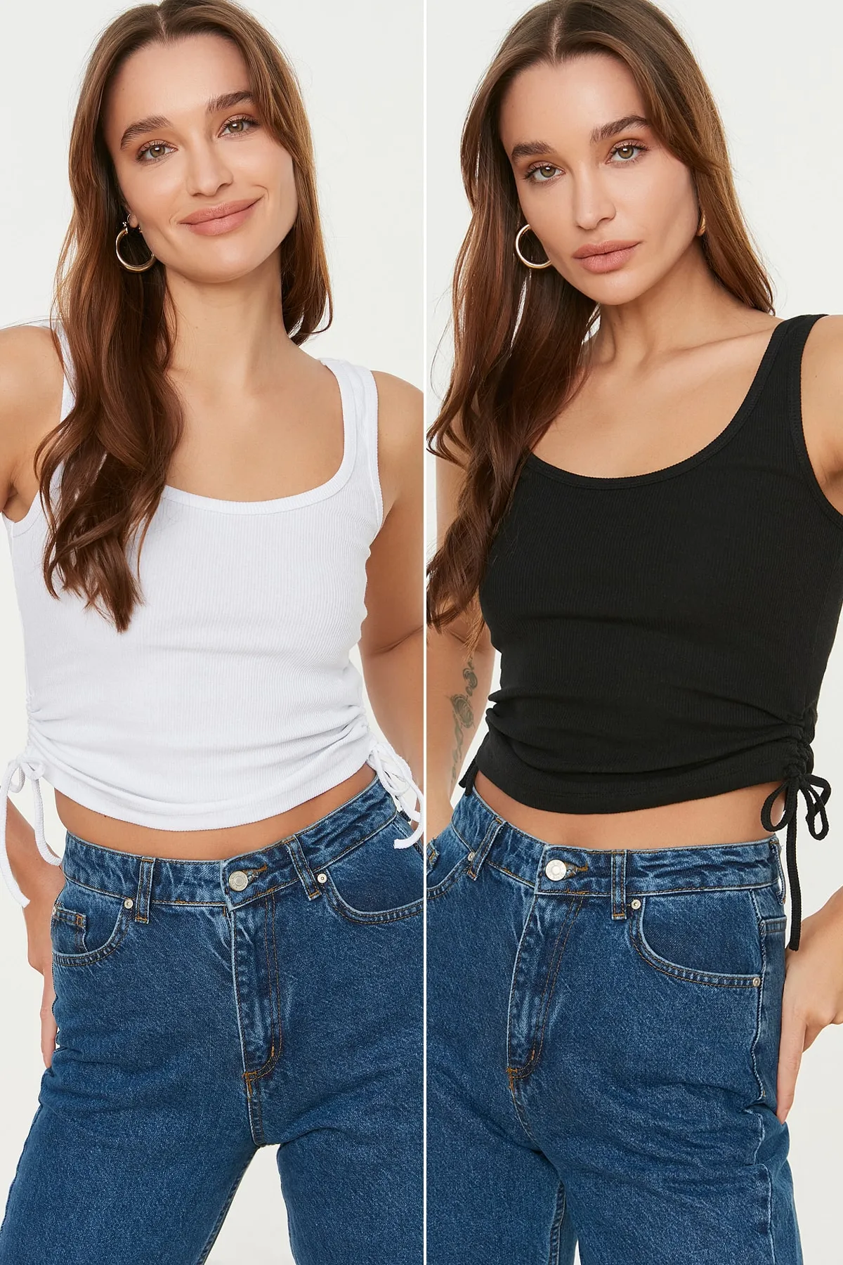 Trendyol Collection  Schwarz-weißes 2er-Pack gerafftes, flexibles Strick-Tanktop mit Poolkragen und detailliertem Poolkragen TWOSS21AL0195