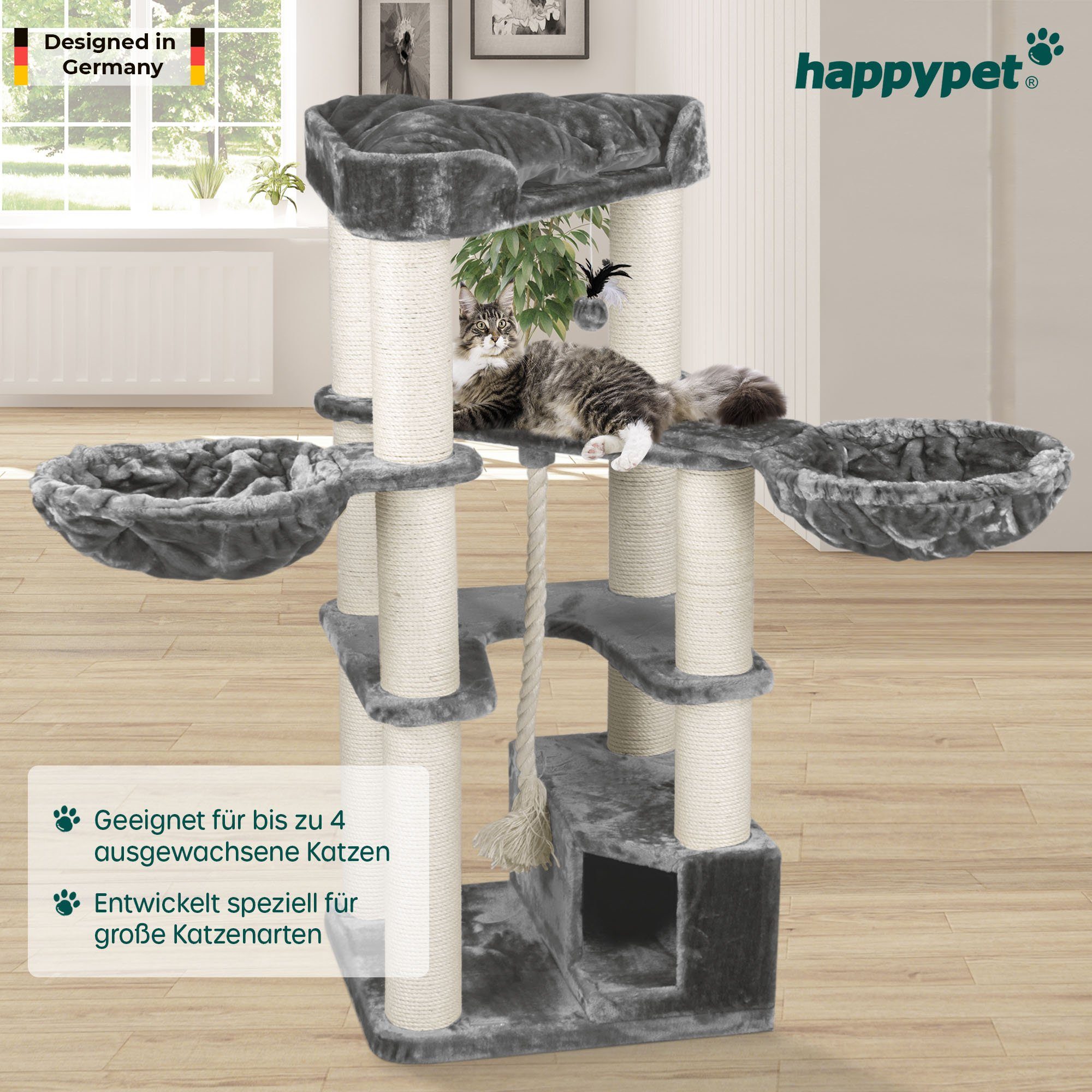 Happypet Kratzbaum MC1600, Gesamthöhe: ca. 161 cm, Haus: ca. 64x30x30 cm, Kratztau: Ø ca. 3,5 cm.