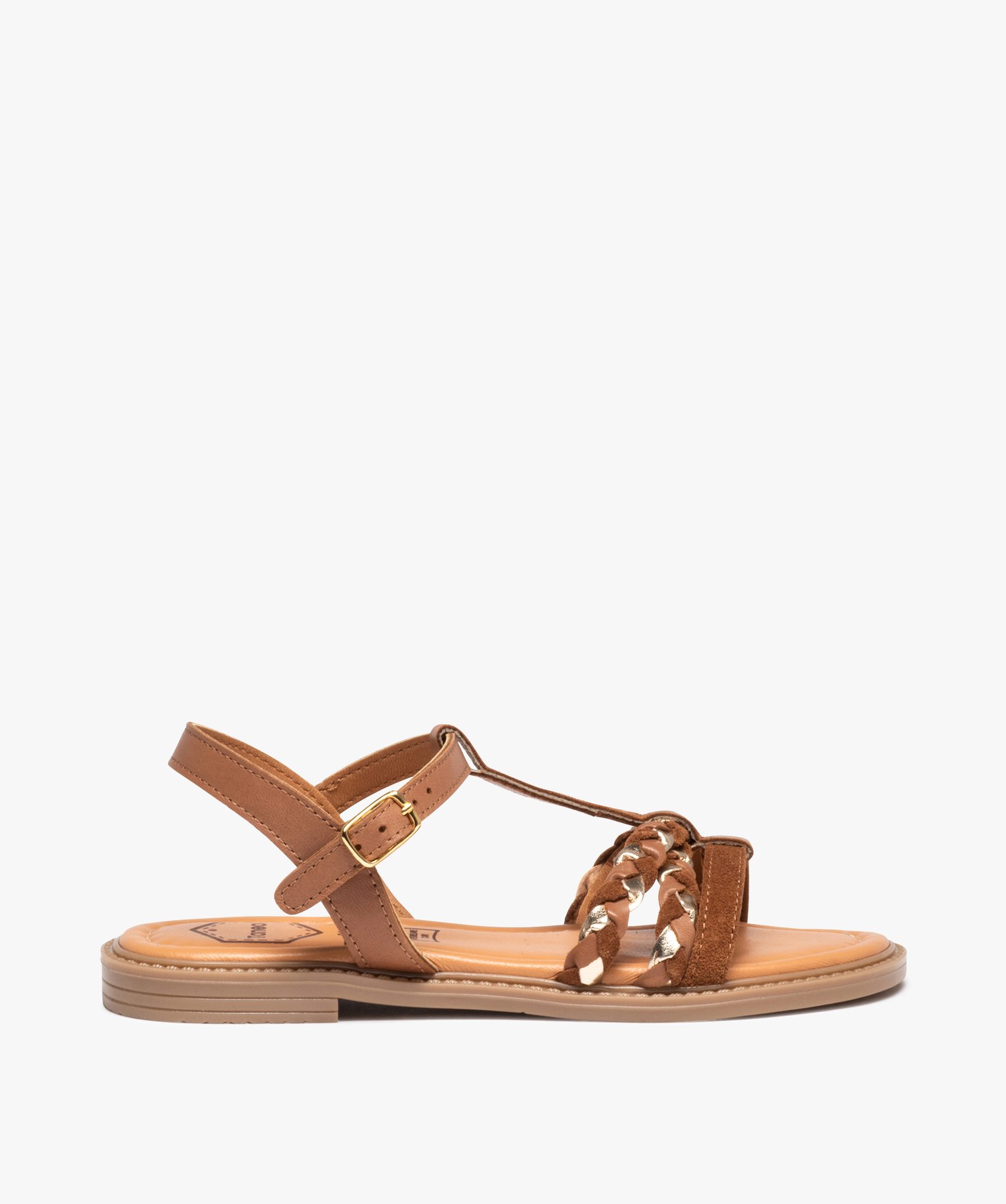 Sandales fille plates à brides en cuir contrastées camel | GEMO