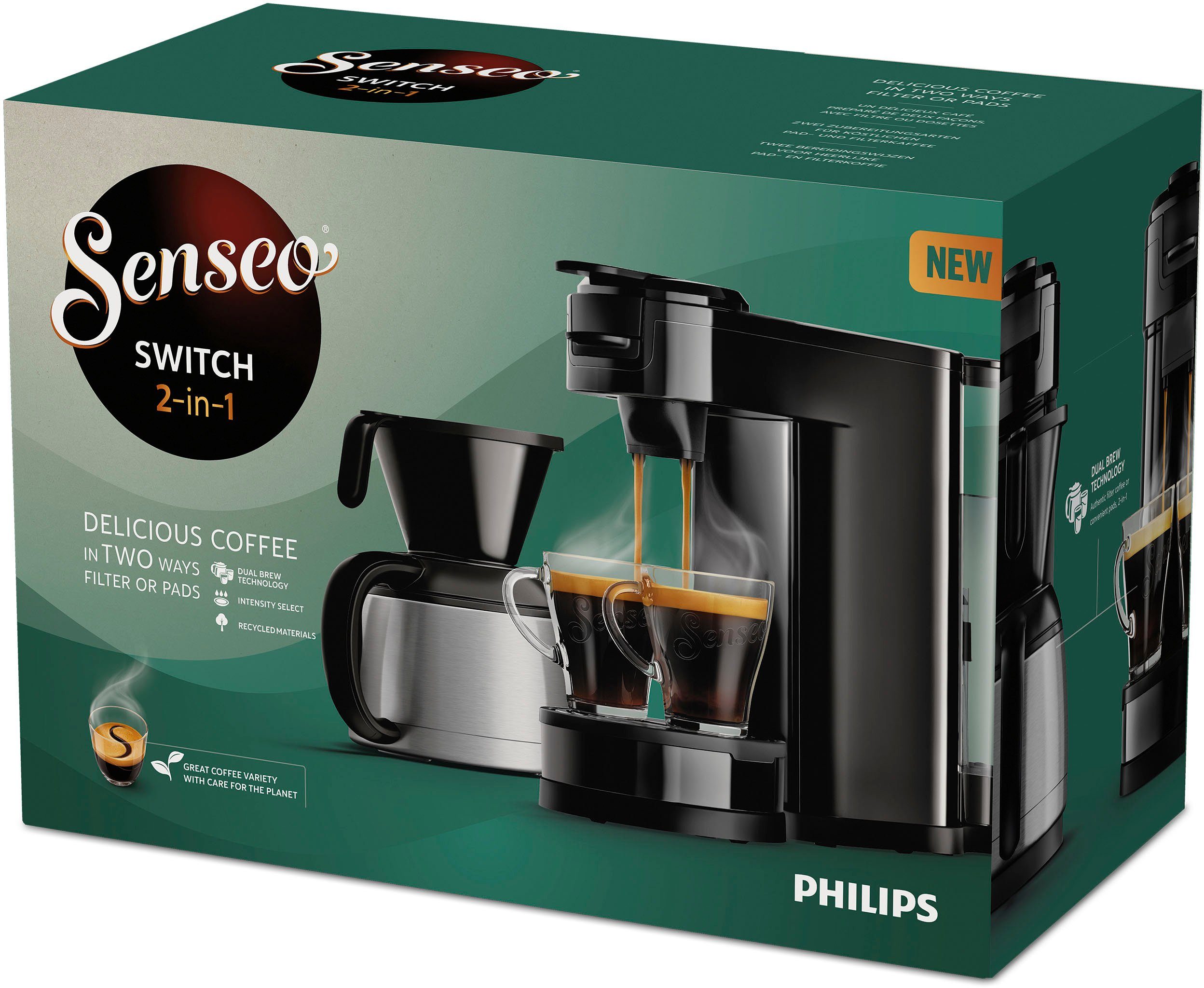Philips Senseo Kaffeepadmaschine Switch HD6592/64, 26% recyceltem Plastik, Kaffee Boost Technologie, 1l Kaffeekanne, Crema Plus, inkl. Kaffeepaddose Wert €9,90 UVP