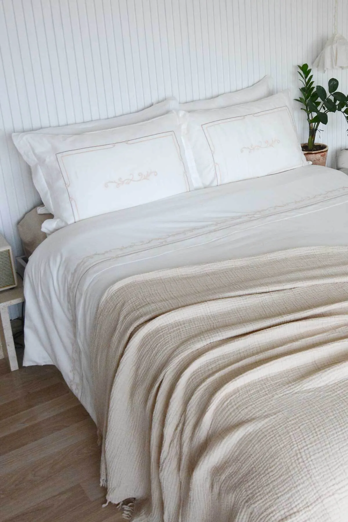 Elart  Bettbezug-Set für Doppelbett, King-Size-Bett, Baumwollsatin, bestickt, 3-teilig, Pera Ecru
