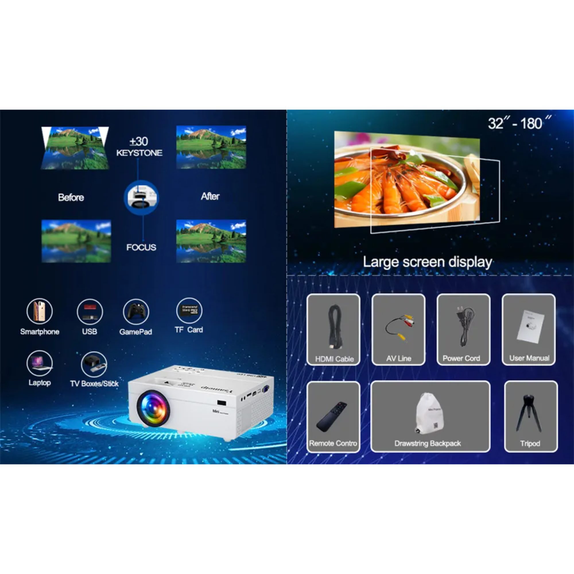 TransJee 1080P HD Projektor WiFi 3D LED Mini Video Theater Heimkino LED-Beamer (10000:1, 1280*720 px, Internetfähig, integriertes Internet, integrierte Lautsprecher)
