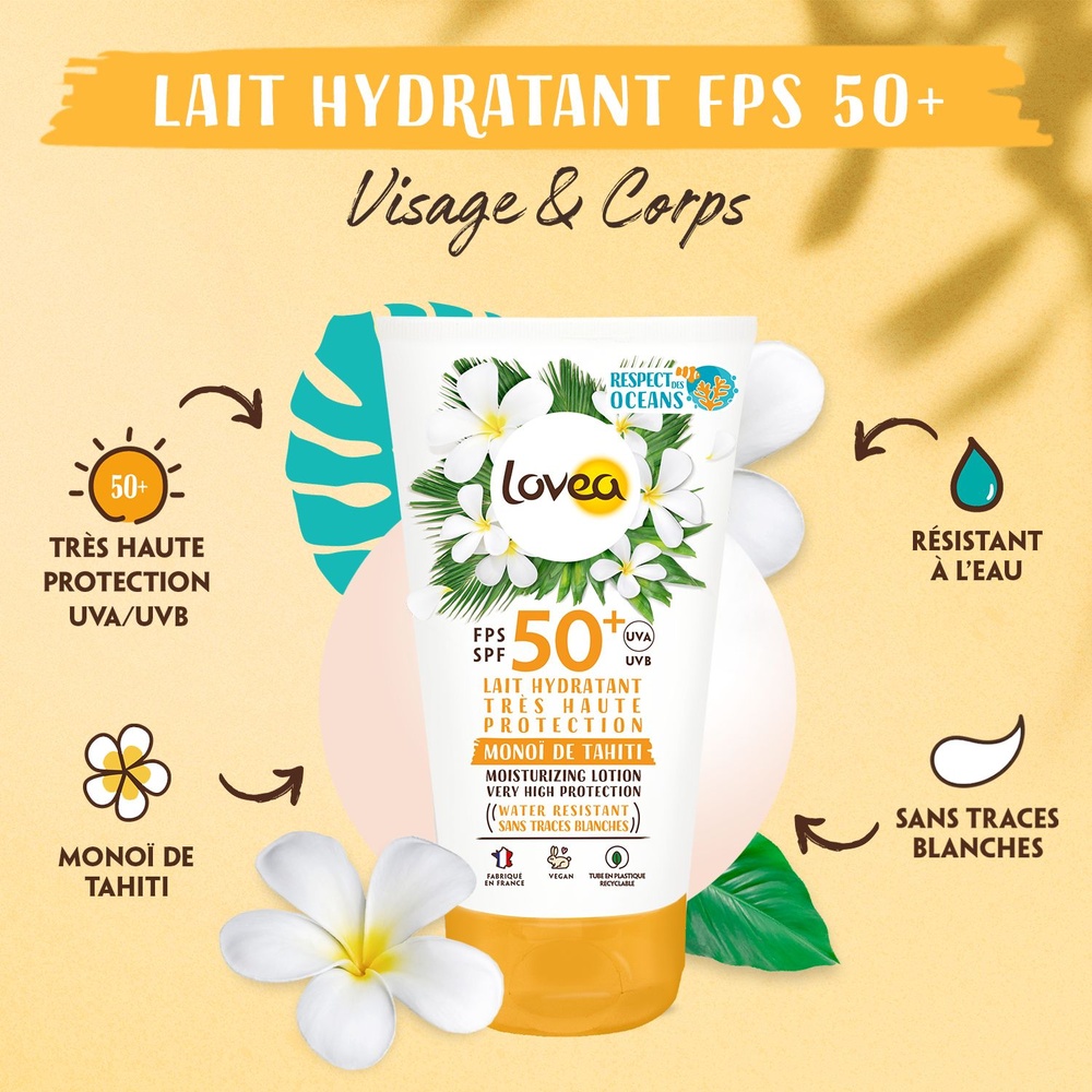 lovea Lait Hydratant FPS 50+ Très Haute Protection Monoï de Tahiti Lait Protecteur Solaire - Hydratant