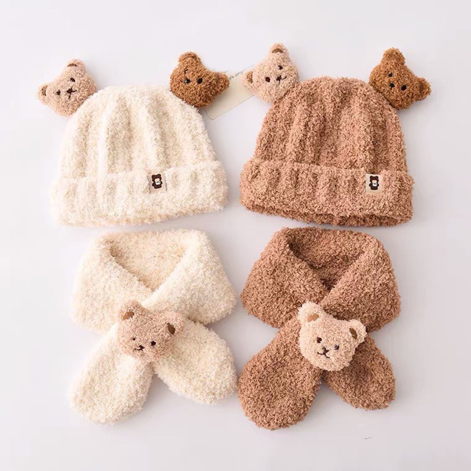 Rutaqian Mütze & Schal Kindermütze Set aus Plüschmütze und Schal (Baby-Plüsch-Ohrkappen Kopfumfang 44-50 cm, Bär dekorative verdickte weiche Winteraccessoires für Kinder) Süße Baby-Strickmütze für Herbst und Winter, warme Kinder-Wollmütze