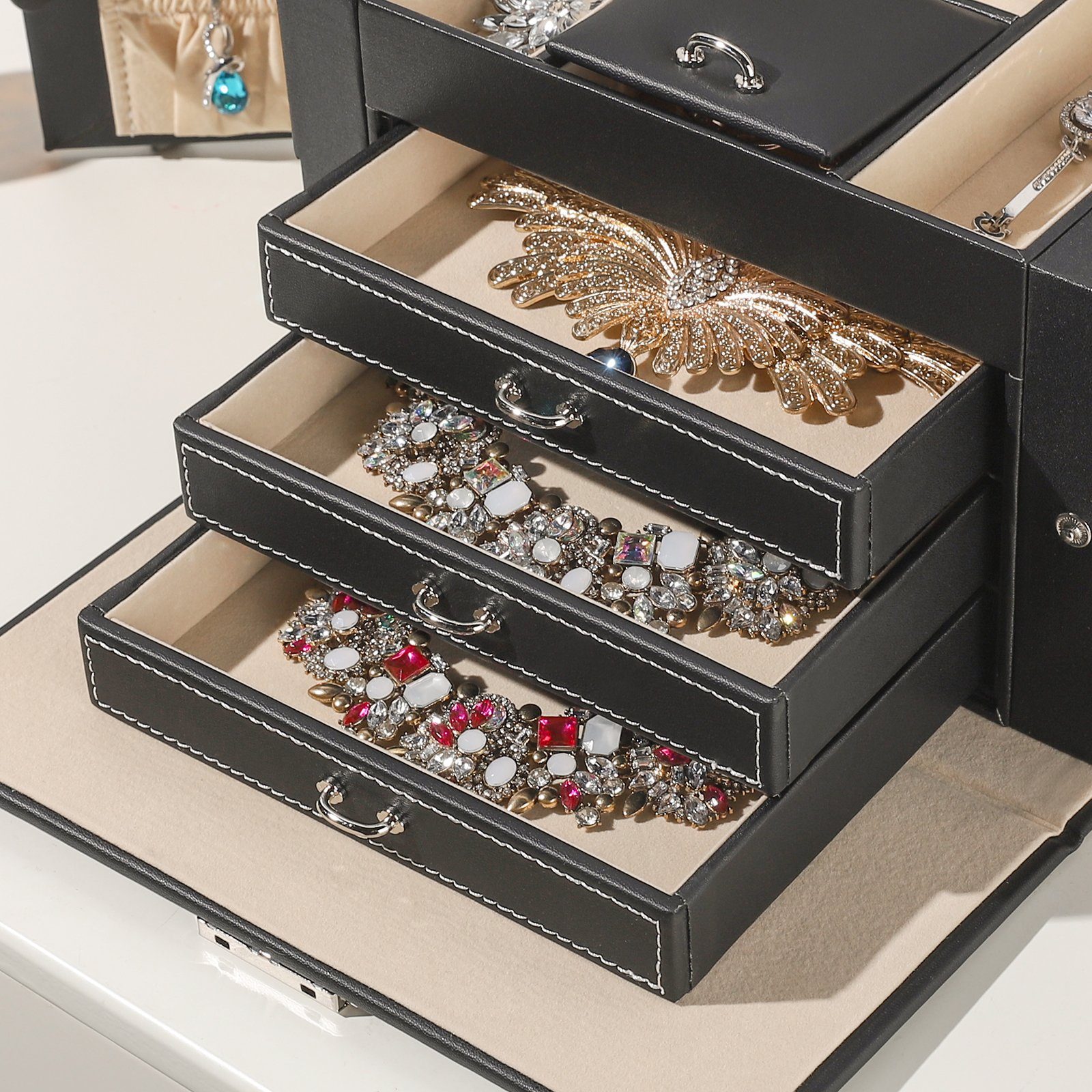 Yorbay Schmuckkasten Schmuckkoffer mit 4 Ebenen und 2 Seitenfächern, Schwarz (Komplett abschließbare Schmuckschatulle, Mit Spiegel), Schmuckkästchen für Halsketten, Ringe, Armbänder, Ohrringe