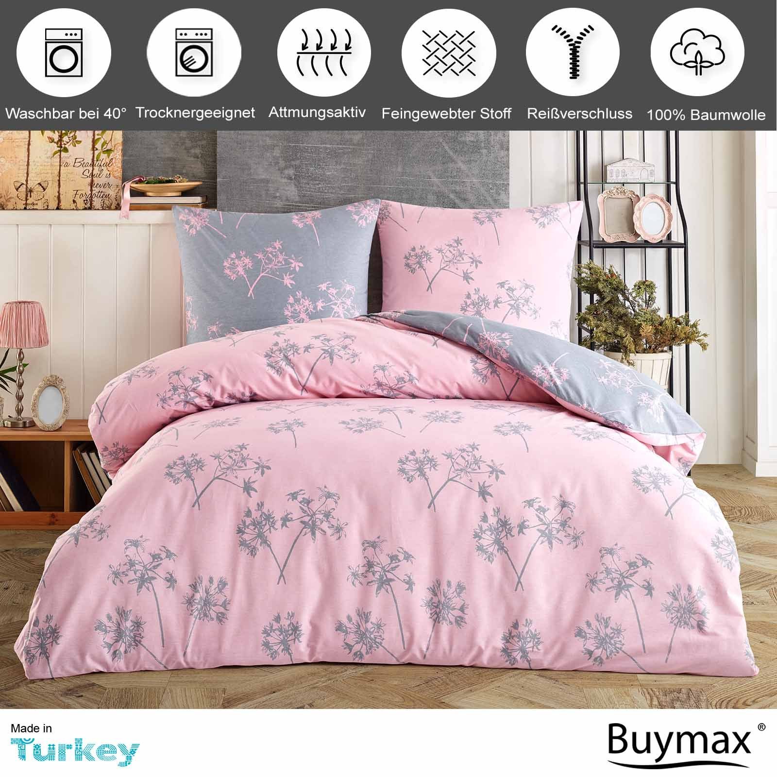 Bettwäsche, Buymax, Renforcé, 2 teilig, 100% Baumwolle Renforce 135x200 cm Kissenbezug 80x80cm mit Reißverschluss, Muster Zweige, Rosa Pink Grau