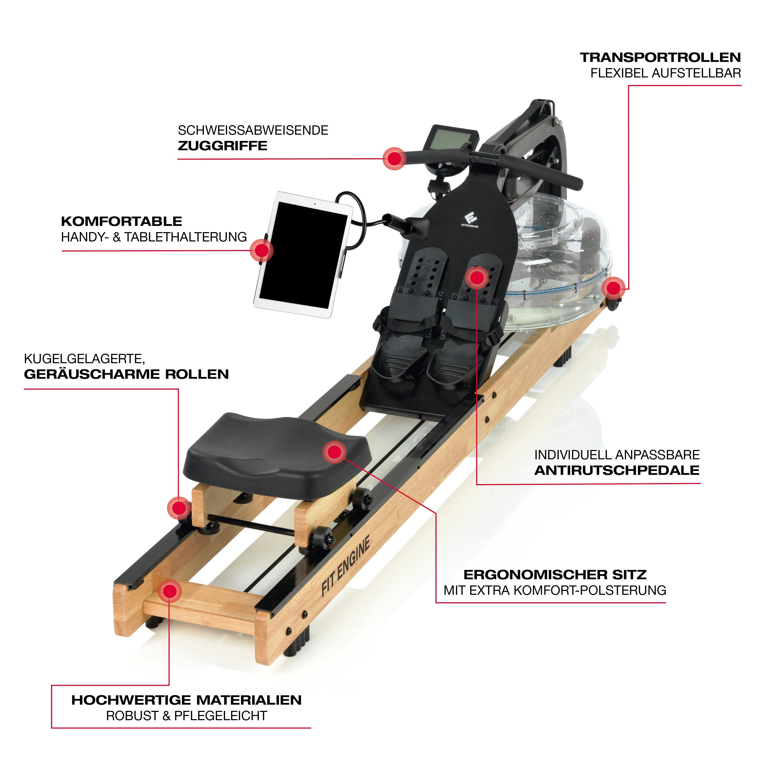 FitEngine Rudergerät Wasserwiderstand Smart Holz/Schwarz 150kg