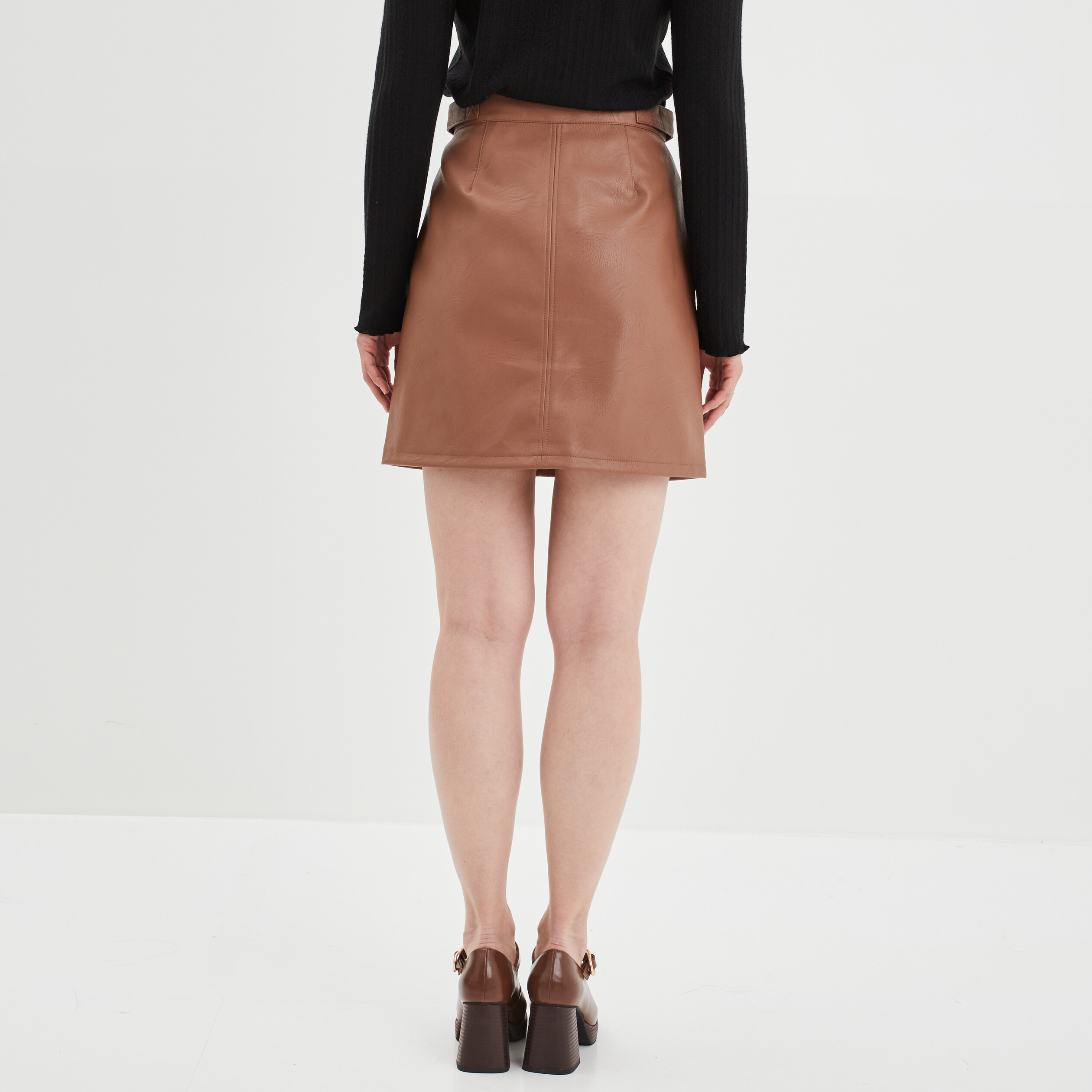 Jupe simili cuir détail zippé devant marron femme | La Halle