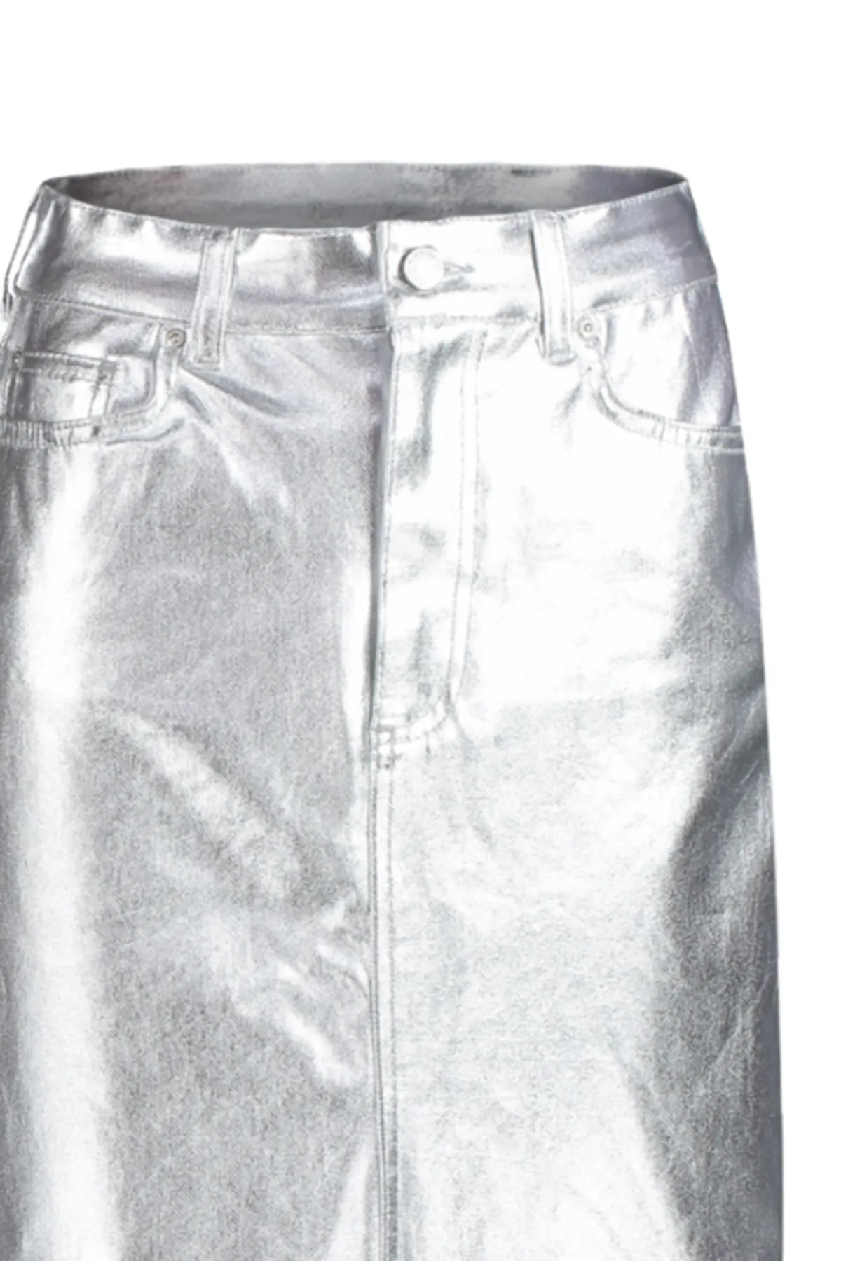 Trendyol Collection  Silberner Maxi-Jeansrock mit Schlitz und glänzendem Metallic-Print TWOAW24ET00134