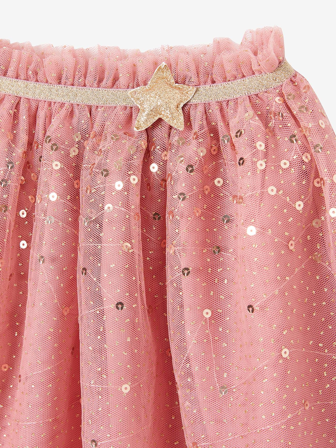 Jupon de fête en tulle parsemé de sequins et paillettes vieux rose