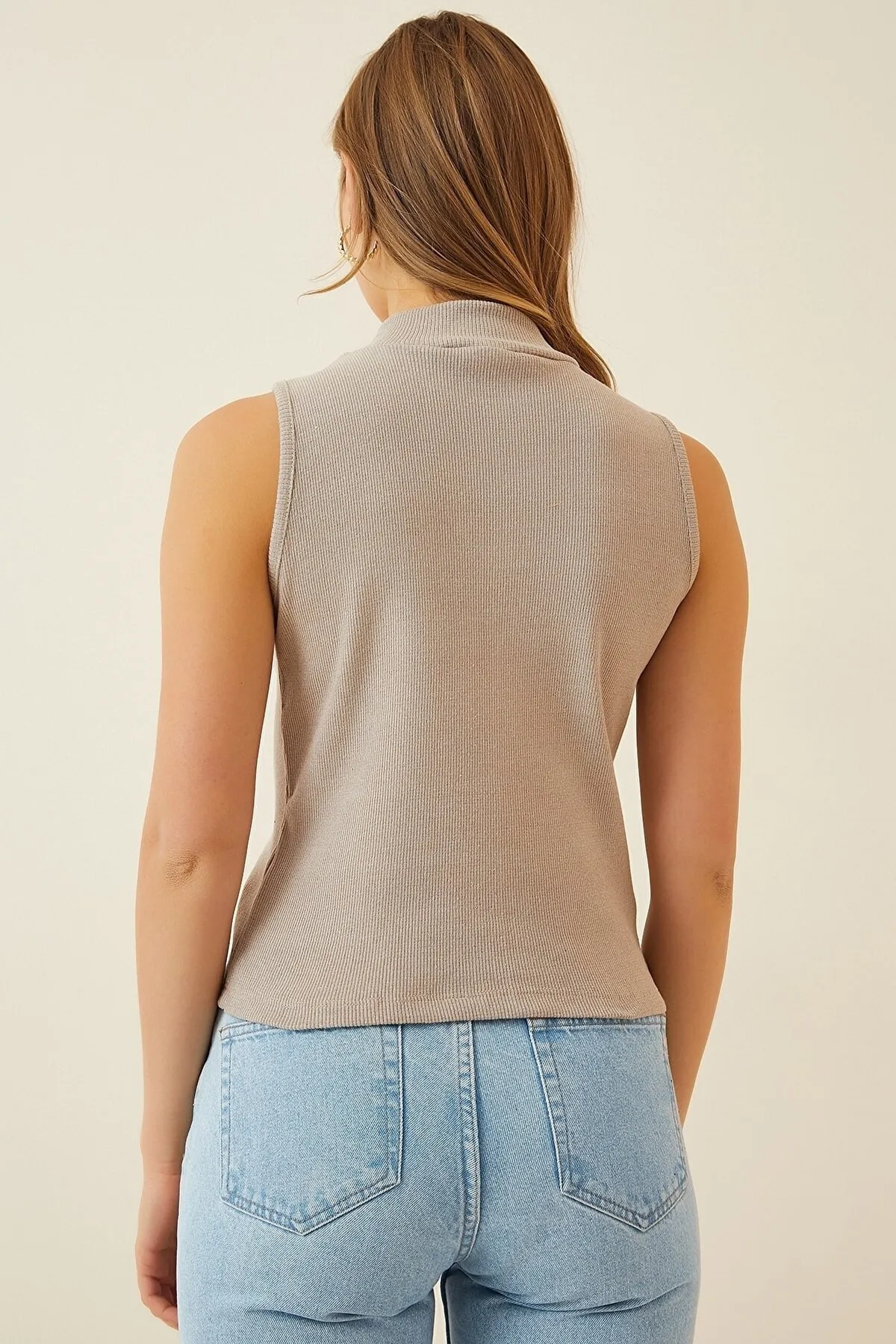 Happiness İstanbul  Damen-Bluse mit Rollkragen, beige, braun, ärmellos, 2 Stück, Strickbluse GT00012