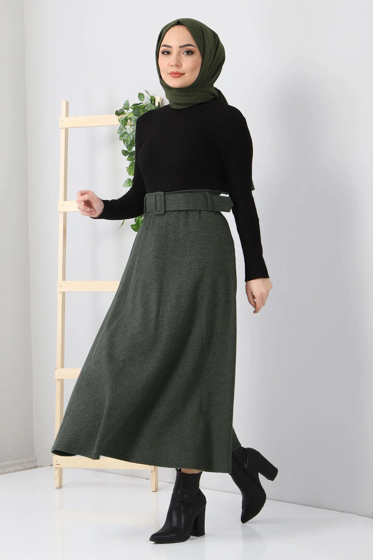 Tesettür Dünyası  Mevlana-Rock mit Fischgrätenmuster Tsd0047 Khaki