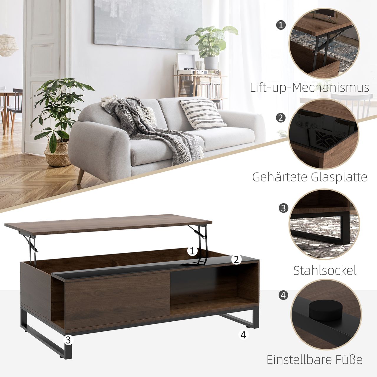 HOMCOM Couchtisch, Beistelltisch mit Höhenverstellbarer Platte, Sofatisch Stahl