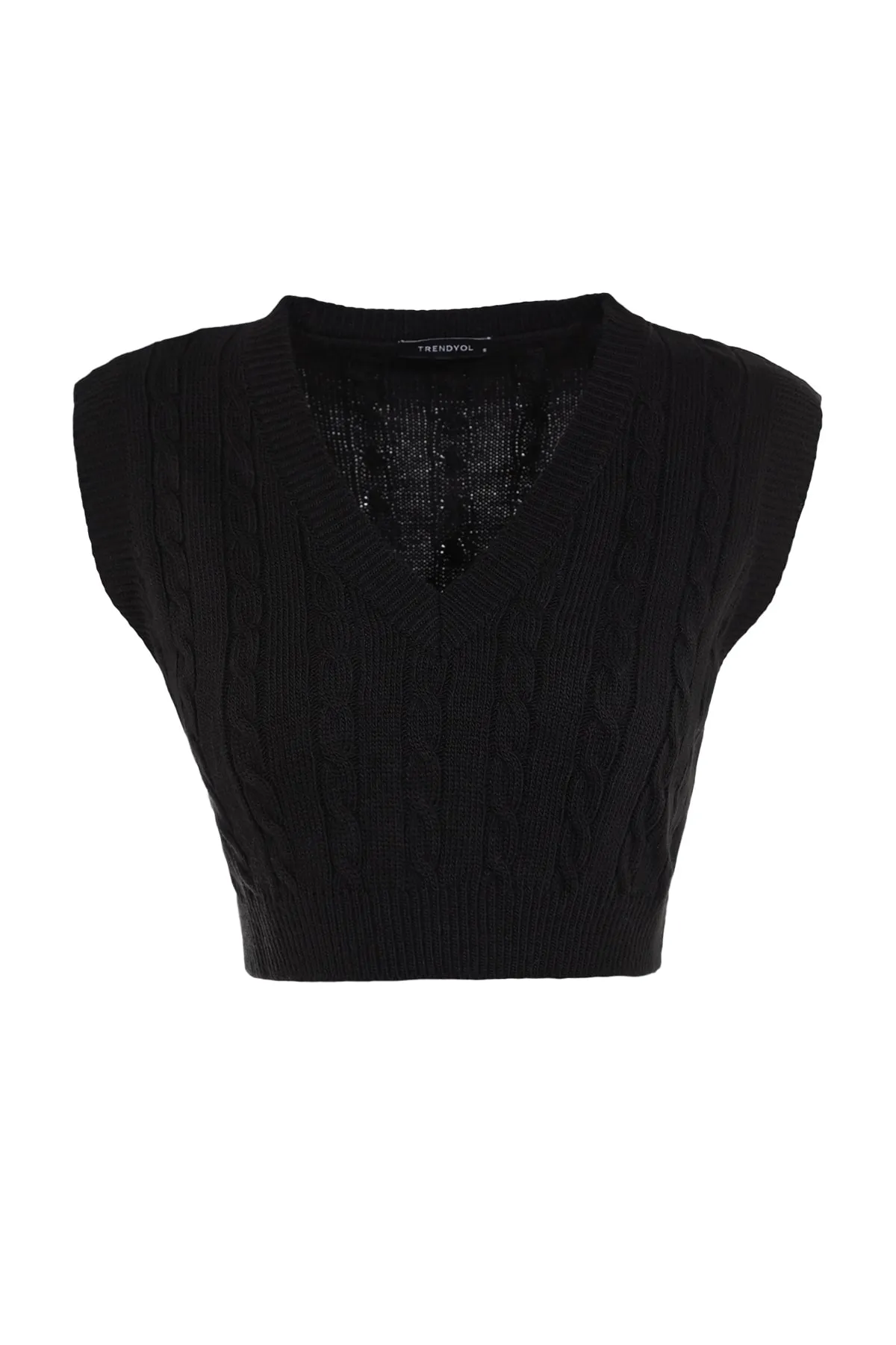 Trendyol Collection  Schwarzer kurzer Strickpullover mit V-Ausschnitt TWOAW22BZ0049