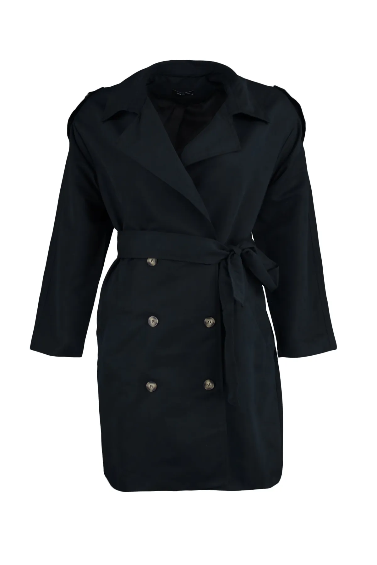 Trendyol Curve  Schwarzer Trenchcoat mit Schulterklappen und detailliertem Jackenkragen und Gürtel und weitem Schnitt TBBAW23BM00001