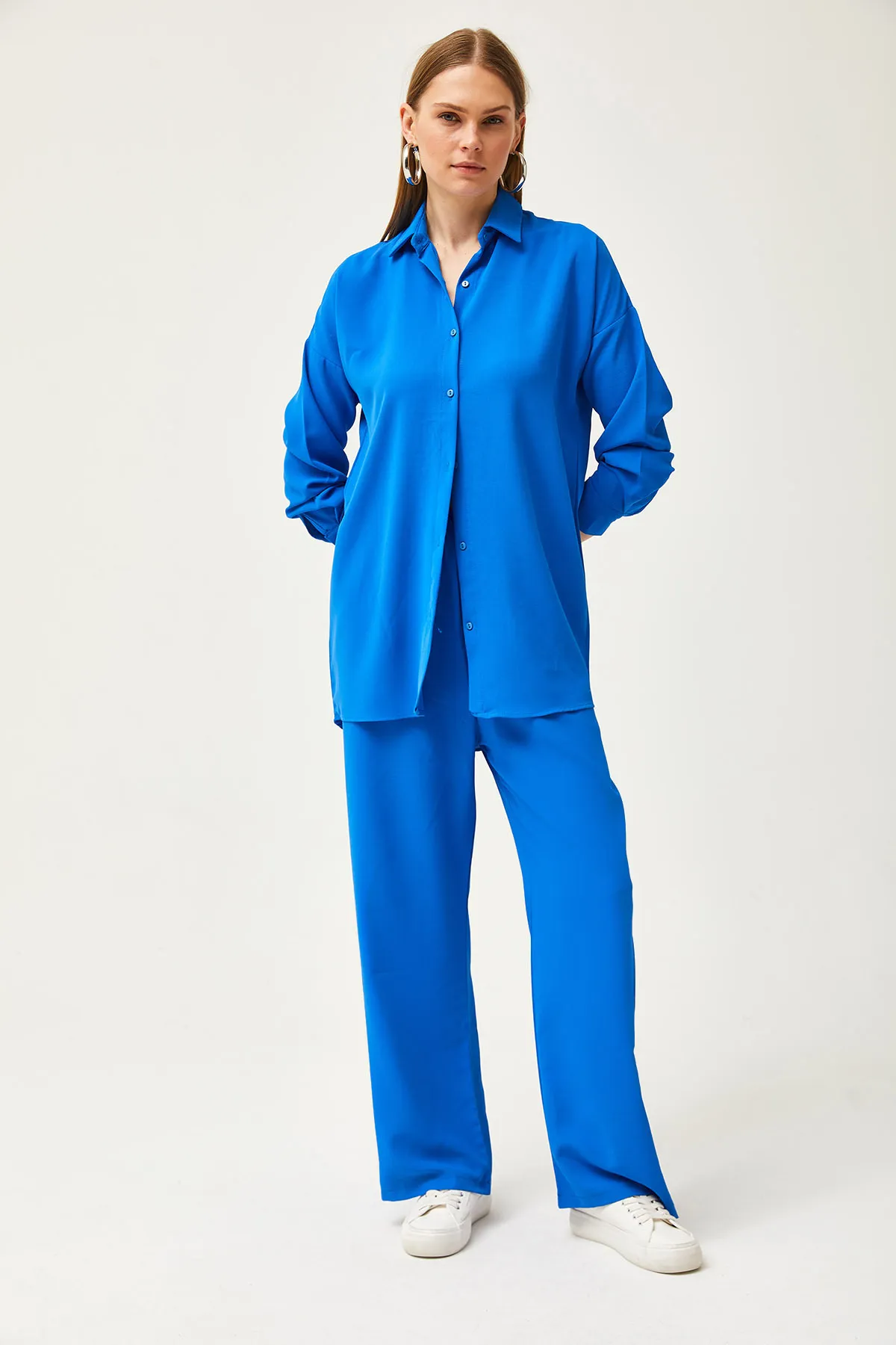 Olalook  Damen Saks Blau Drapiertes Hemd Hosen Set TKM-19000283