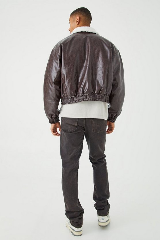Kastige PU-Fliegerjacke mit Borg-Kragen