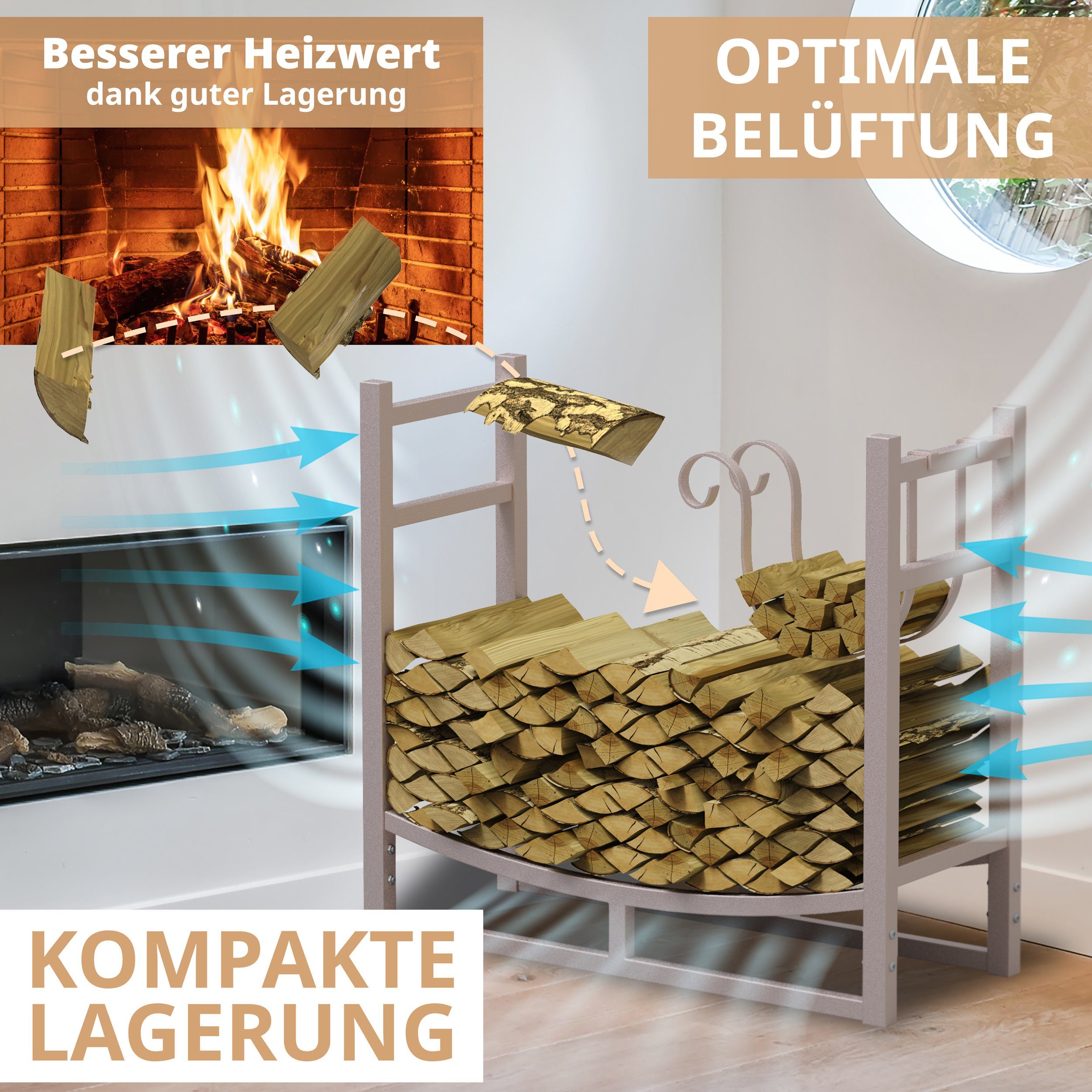 LAWA Living and Lifestyle Kaminholzregal außen Feuerholzregal innen Kaminholzhalter Stapelhilfe Brennholz, BxTxH:84x33x76 cm, verzinkt, pulverbeschichtet, stehend, liegend, BEIGE / CREMEWEIß