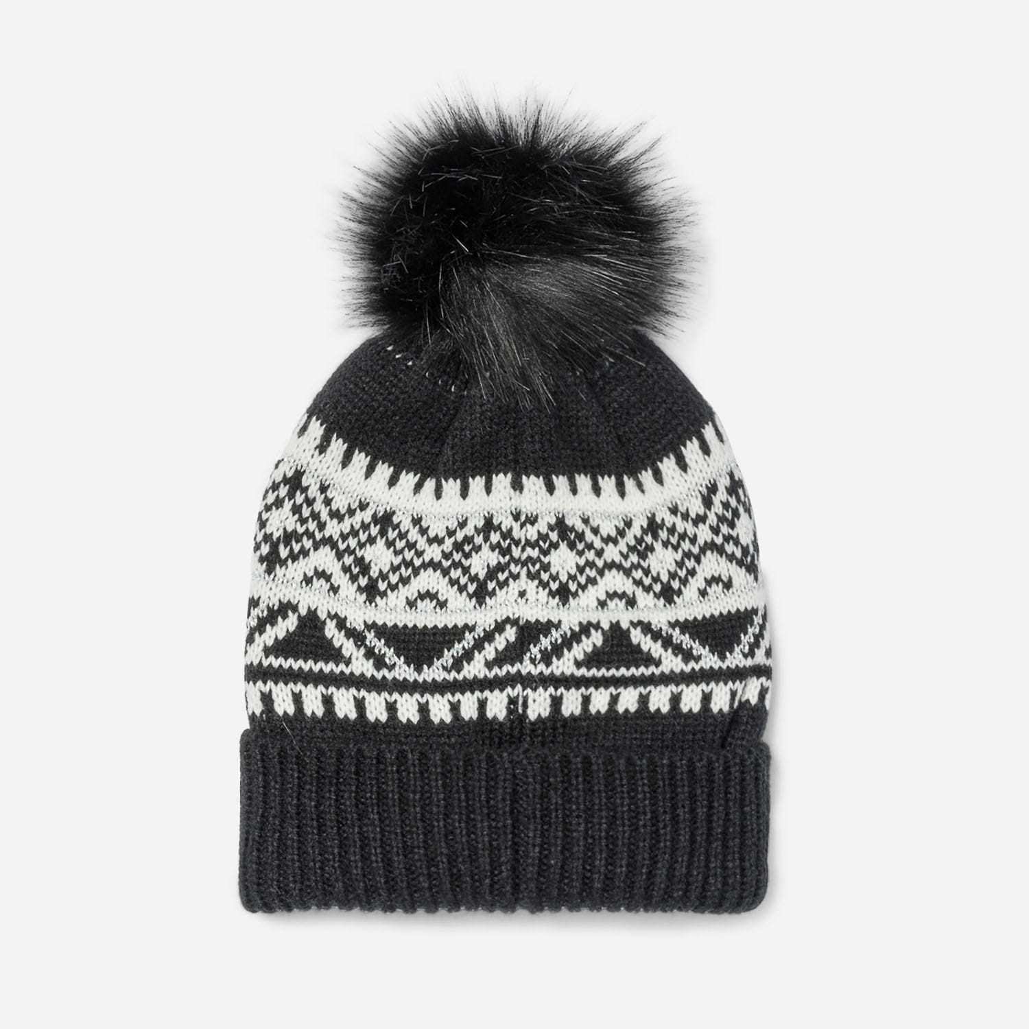 Bonnet noir et blanc motif jacquard à pompon