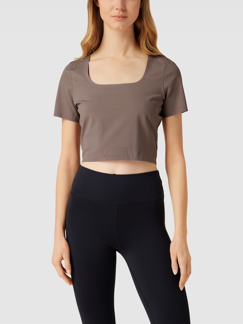 Cropped T-Shirt mit Label-Print in dunkelbraun