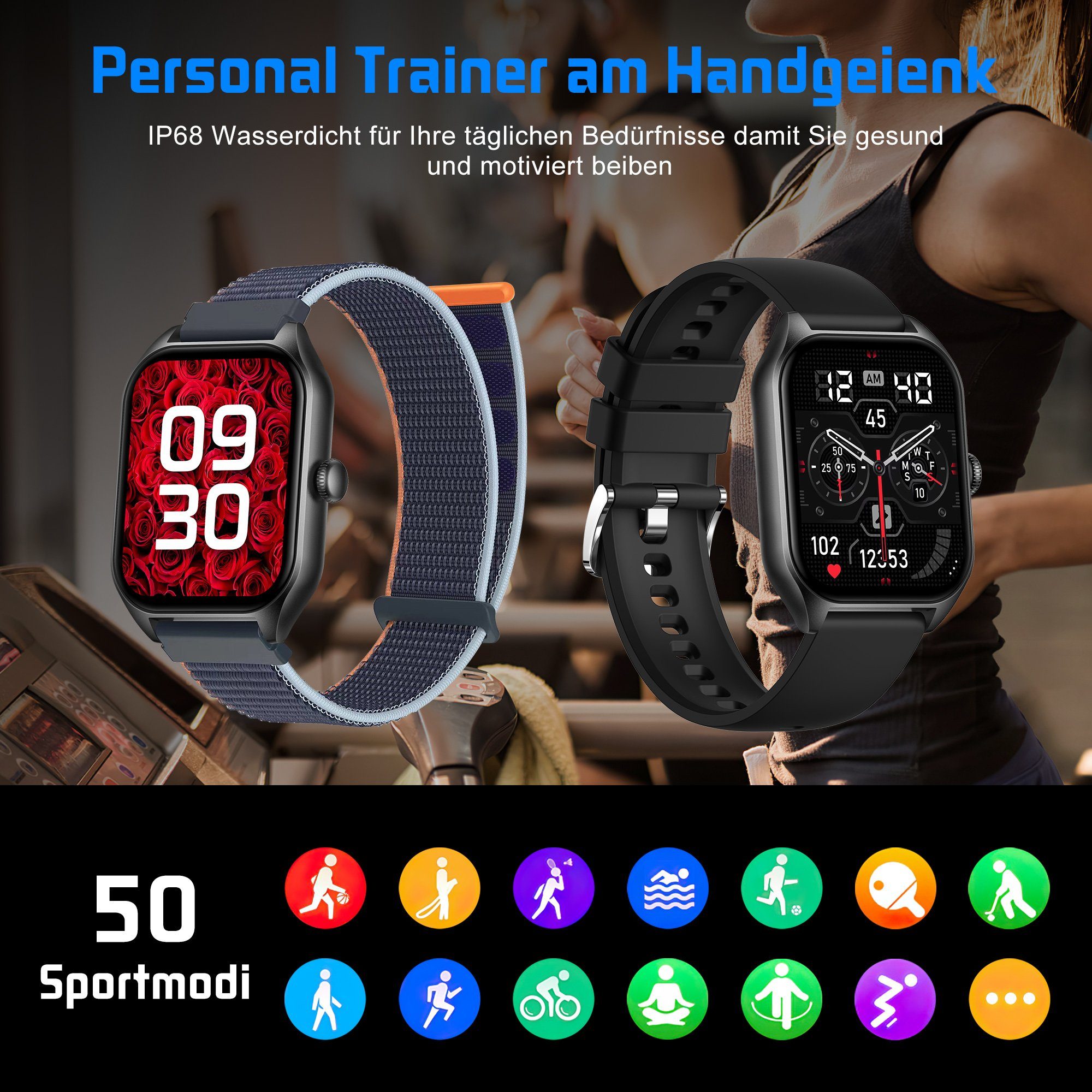 Mutoy Smartwatch, Fitness Tracker Uhr mit Anruffunktion für Damen Herren Smartwatch (1,85 Zoll Voll Touch Farbdisplay Zoll) mit Blutsauerstoff, Blutdruckmessung, Herzfrequenz, Schrittzähler,Schlafqualität,Musiksteuerung und Fernfotografie,Stoppuhr&We