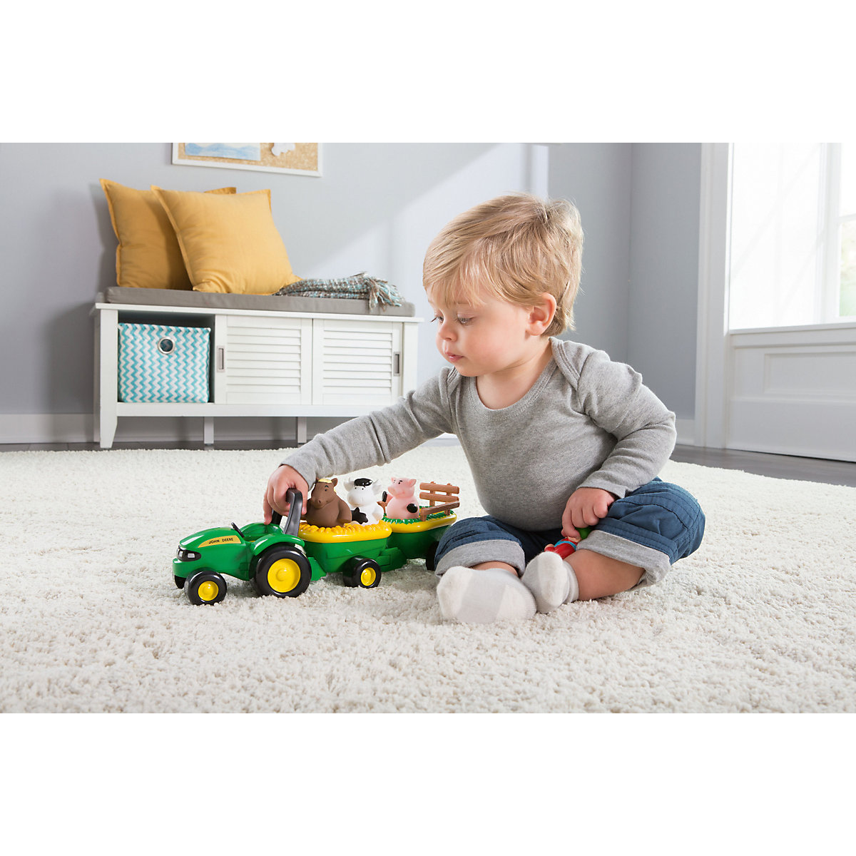 John Deere Heuwagen mit lustigen Tiergeräuschen