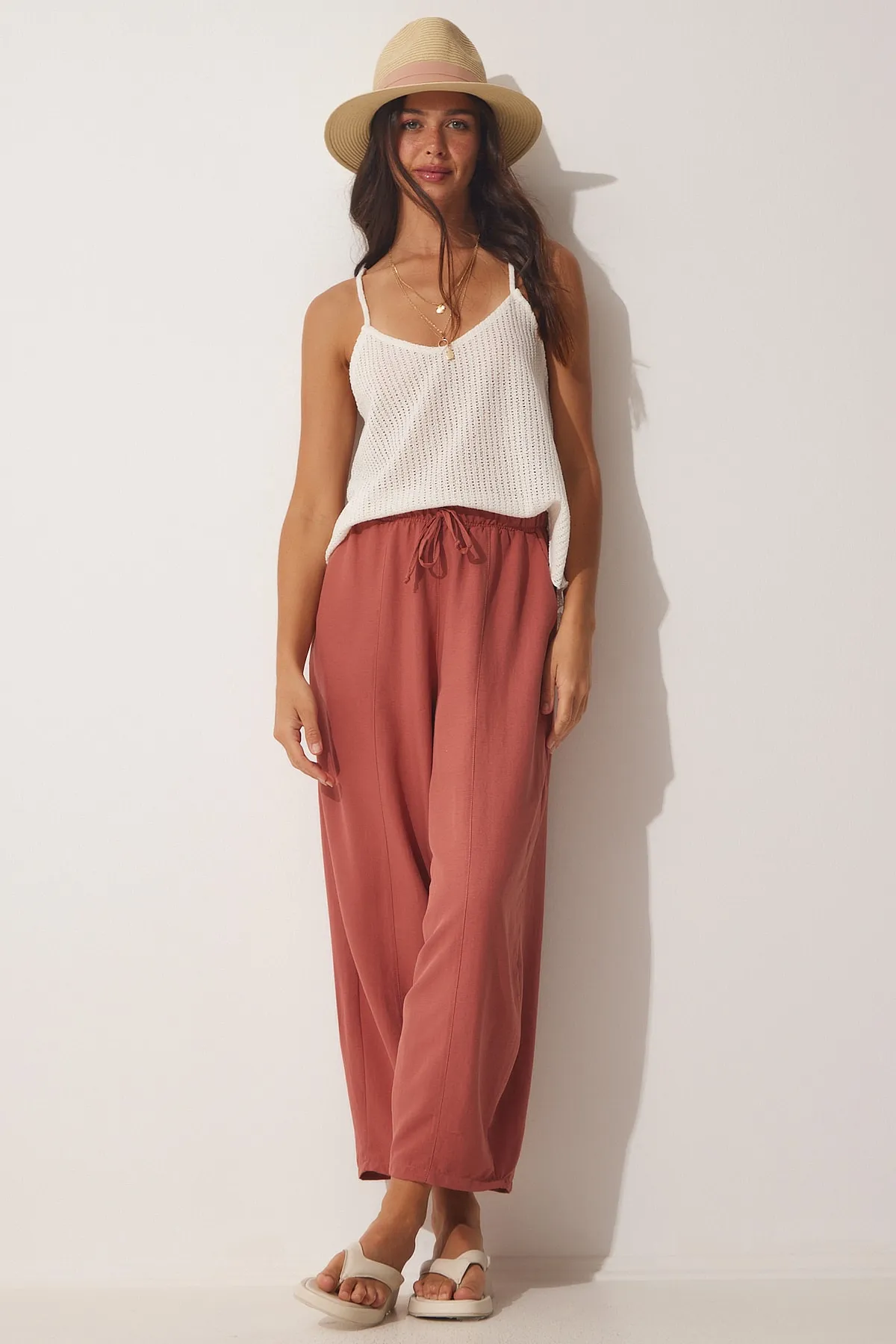 Happiness İstanbul  Dusty Rose Taschen-Shalwar-Hose aus Leinen-Viskose für Damen CV00001