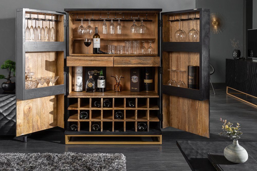 riess-ambiente Barschrank SCORPION 141cm schwarz / gold (Einzelartikel, 1-St) Wohnzimmer · Massivholz · Metall · 3D Schnitzereien