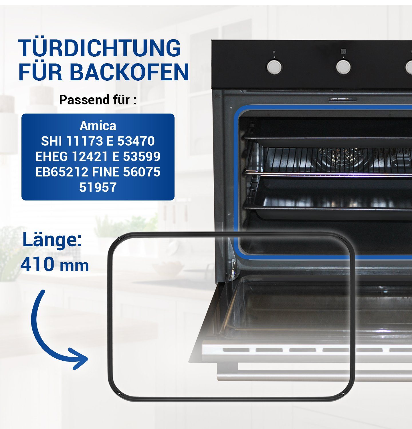 Amica Dichtungsband Türdichtung Dichtung Tür 8066308, (1-St), rundum mit 4 Haken für Backofen Herd