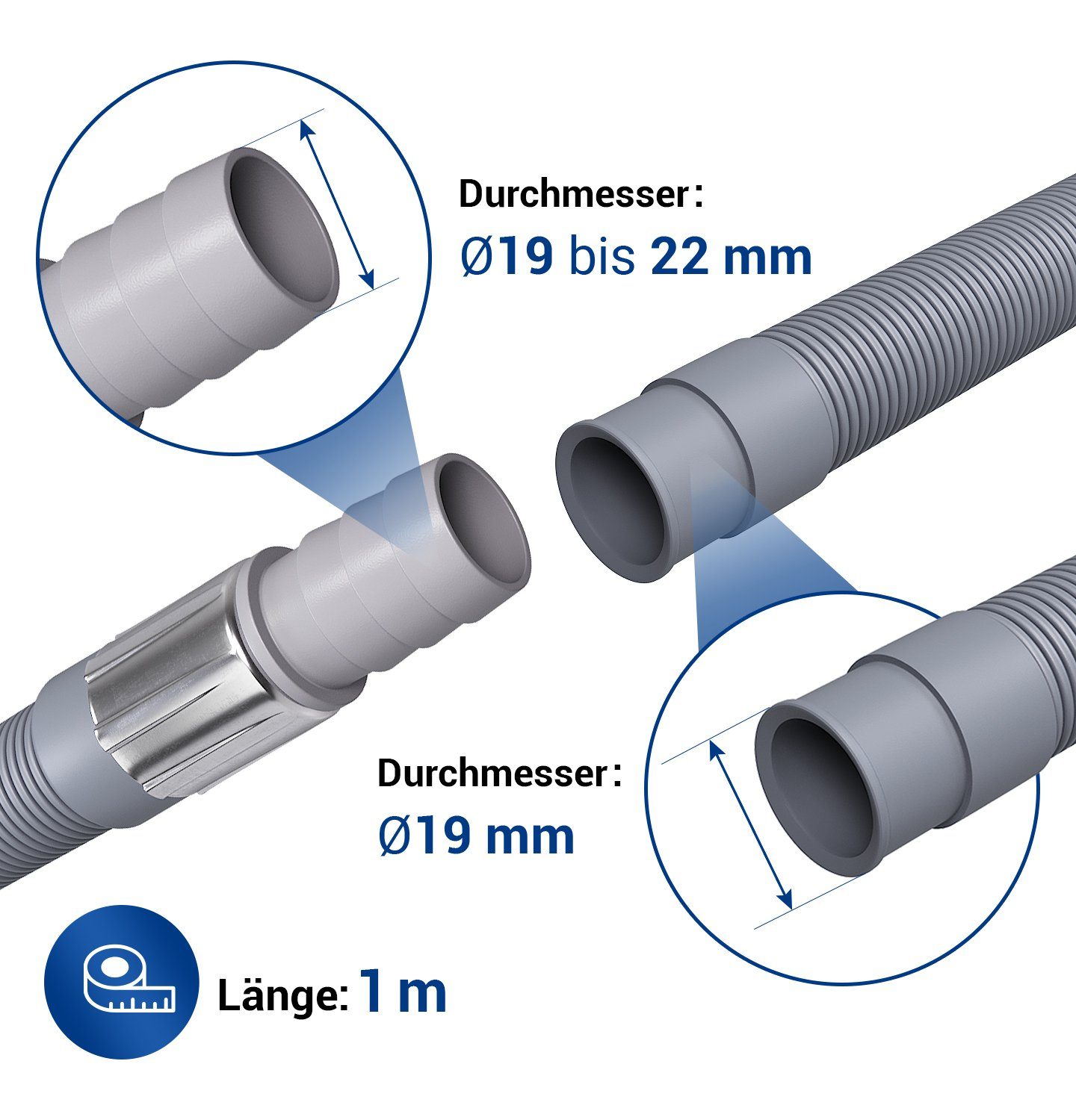 VIOKS Ablaufschlauch Ablaufschlauchverlängerung Ø19 mm, Zubehör für Geschirrspüler, Waschmaschine, 1,5 m, universal