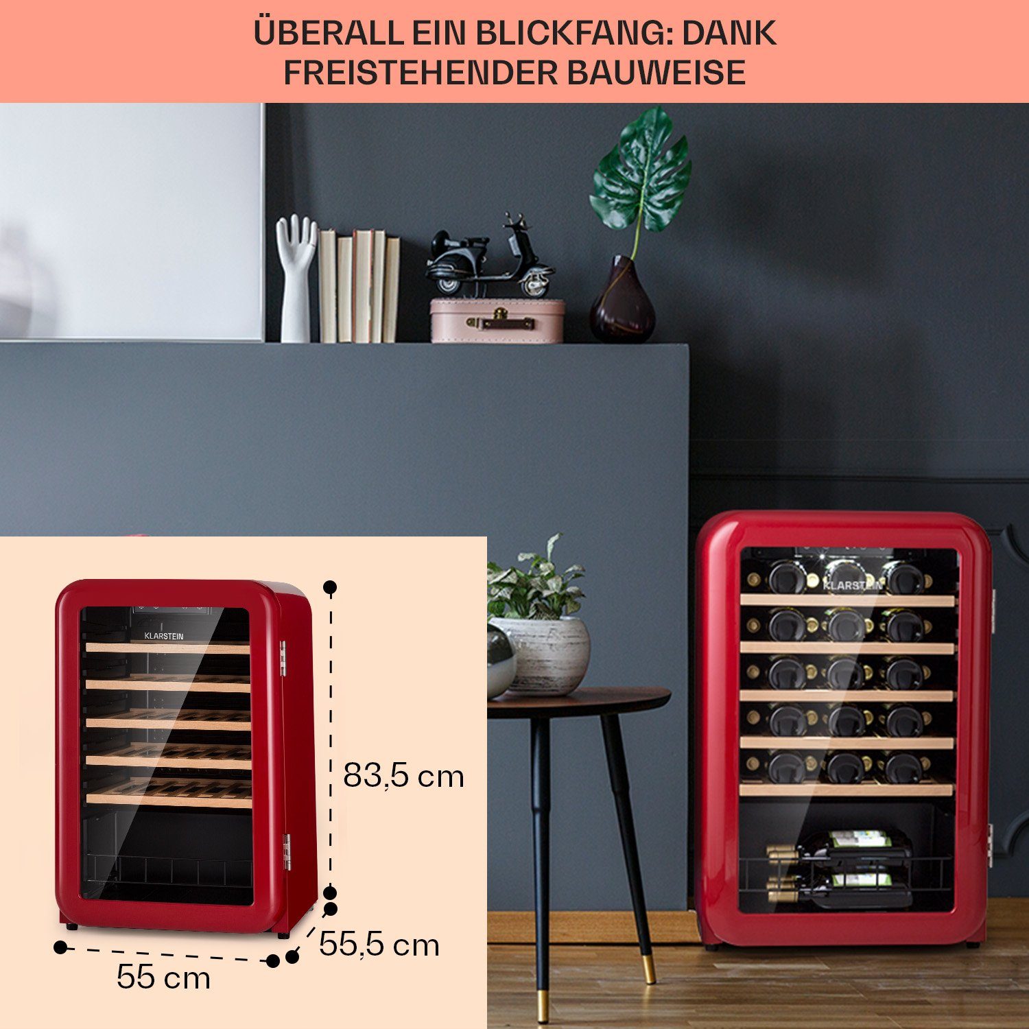 Klarstein Weinkühlschrank Vinetage 49 Uno, für 49 Standardflaschen á 0,75l,Flaschenkühlschrank Weintemperierschrank Weinschrank Kühlschrank Retro