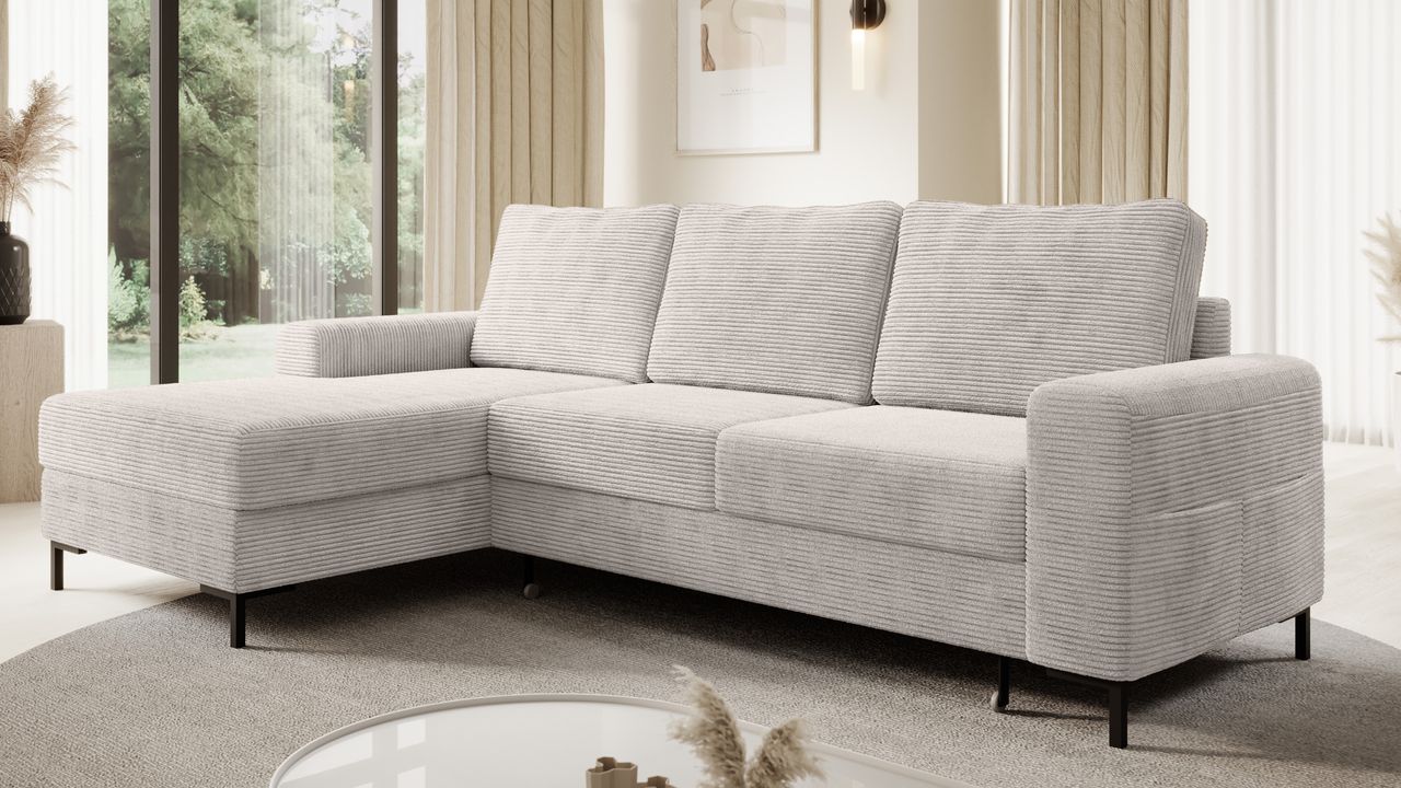 Möbel Punkt Ecksofa SAIGON Cord Lichtgrau mit Bettfunktion und Bettkasten Bett Sofa Schlafsofa Ottomane links