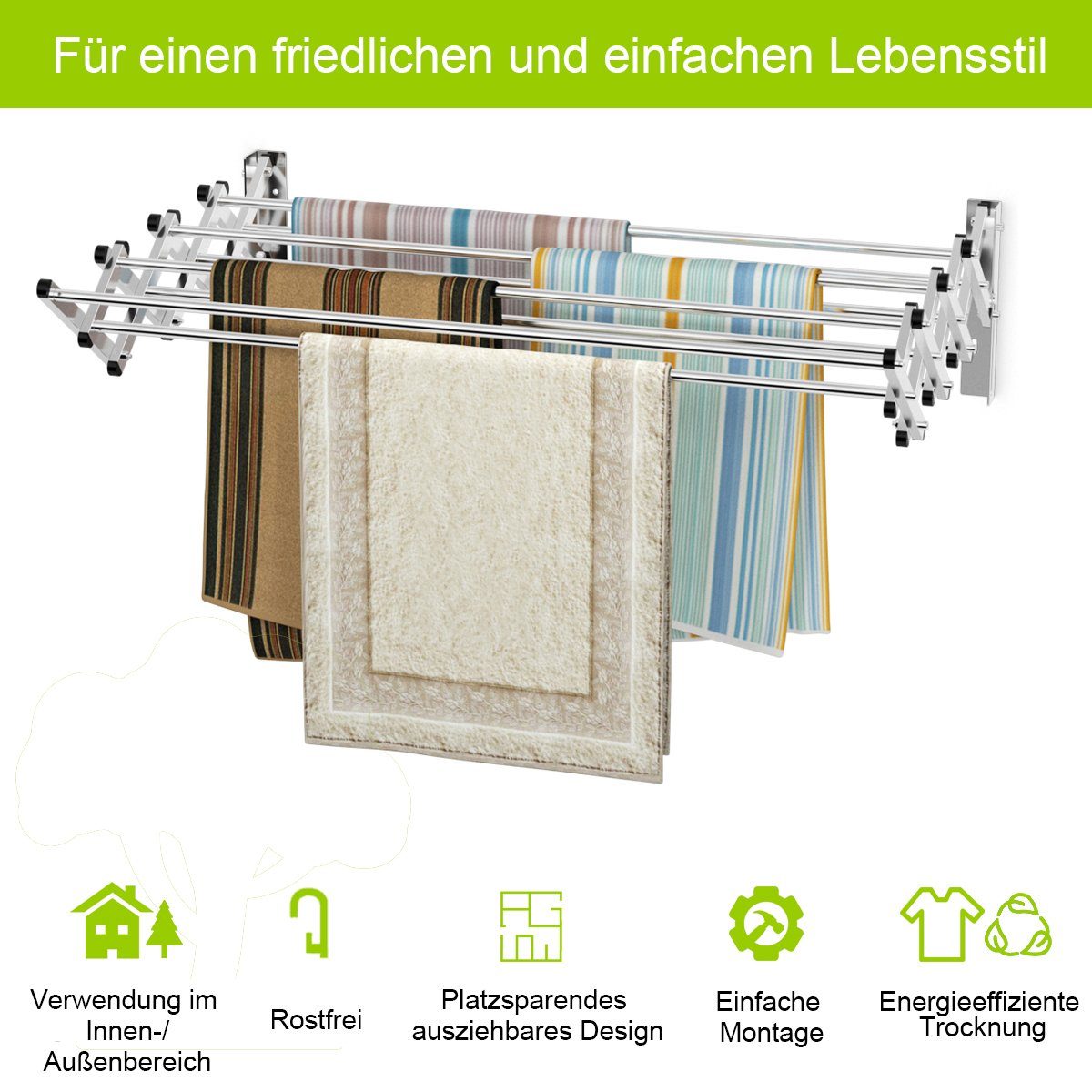 COSTWAY Wäscheständer zur Wandmontage, mit 8 Stangen, Edelstahl