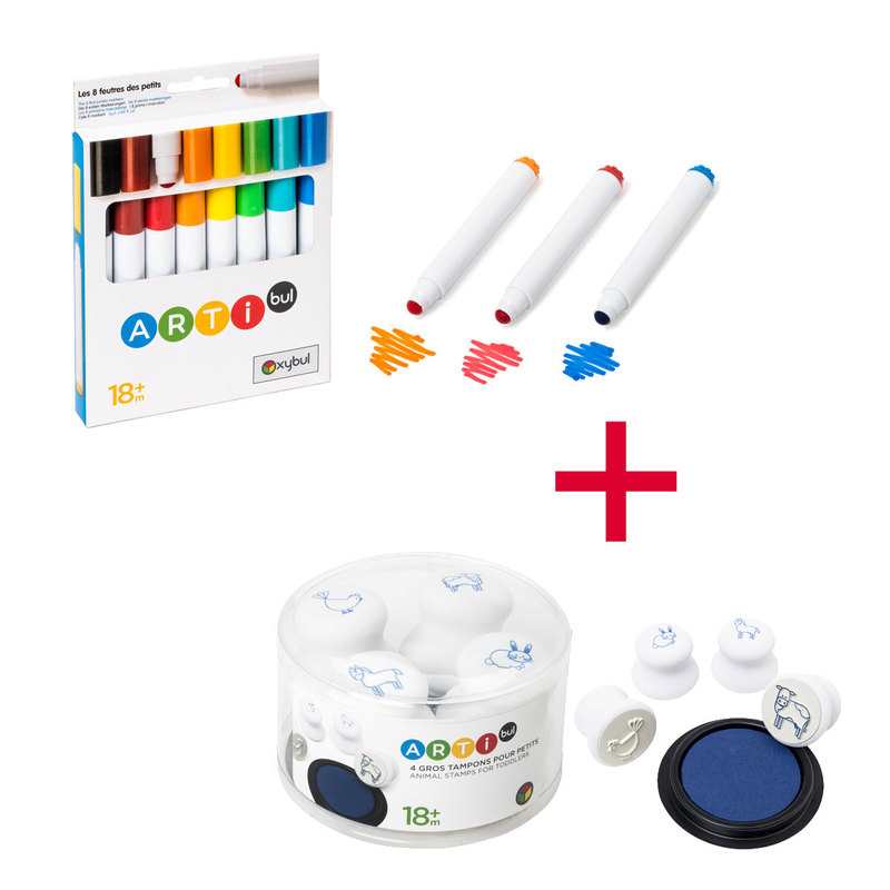 Lot 4 gros tampons animaux pour tout-petits et 8 feutres des petits Oxybul