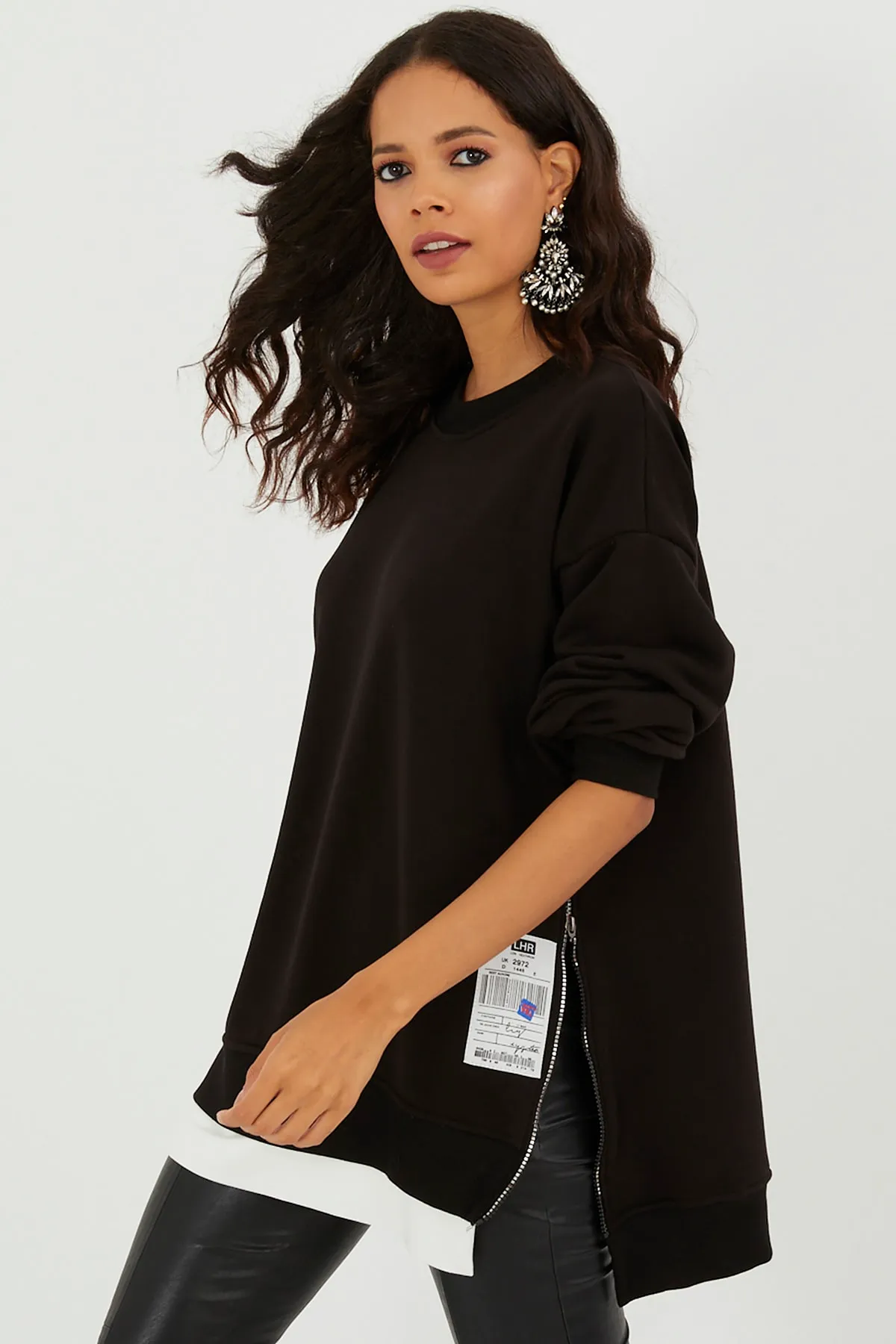 Cool & Sexy  Schwarzes Oversize-Sweatshirt mit seitlichem Reißverschluss für Damen BK231095
