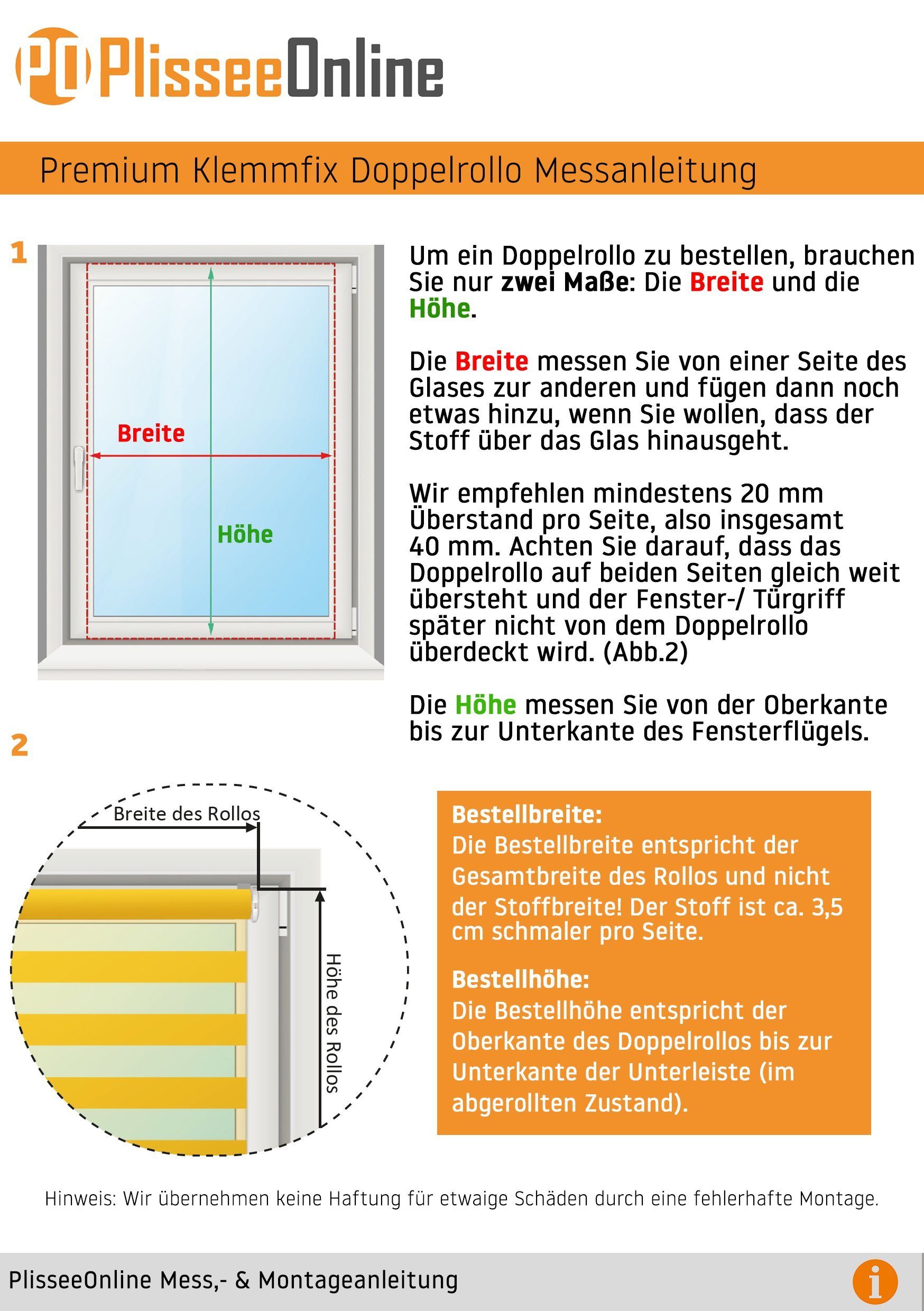 Doppelrollo Doppelrollo Klemmfix Rollo ohne Bohren Duo rollo, Plisseeonline, blickdicht, Klemmträger Montage am Fensterrahmen, Kelmmträger, Klemmfix ohne Bohren, Alle Teile aus Aluminium Kein Plastik