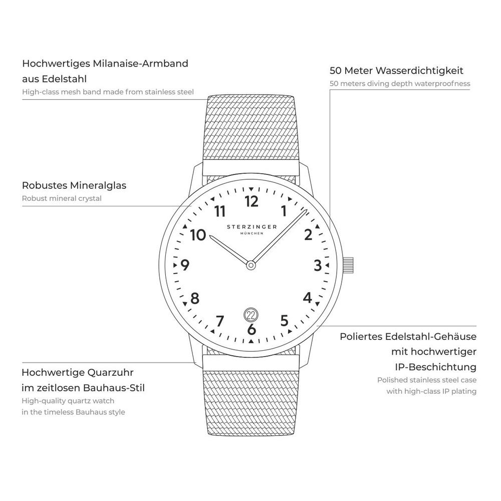Sterzinger Montre à quartz Urbain en Noir Acier inoxydable en Noir Montre