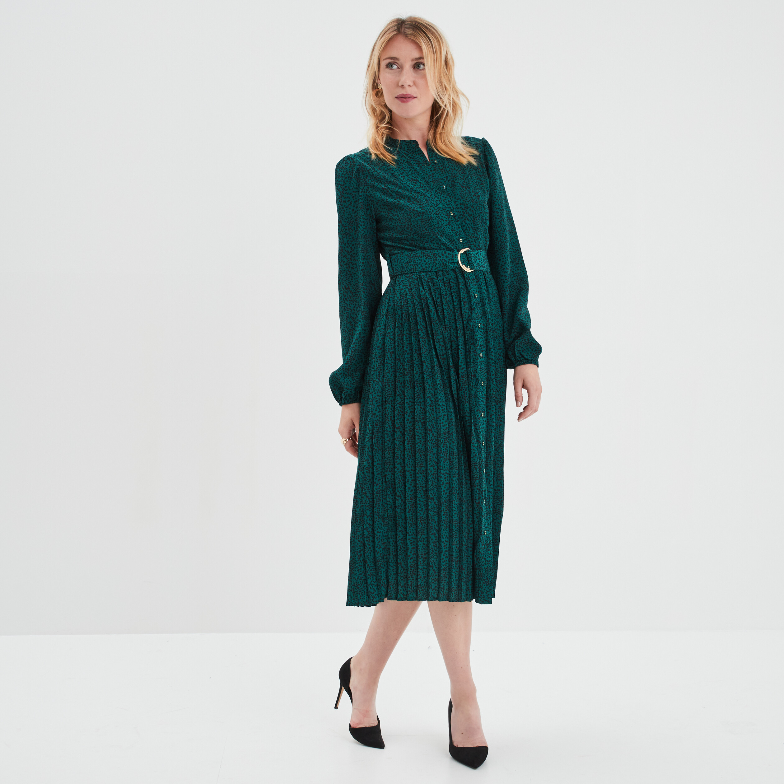 Robe chemise plissée midi col mao vert foncé femme | La Halle
