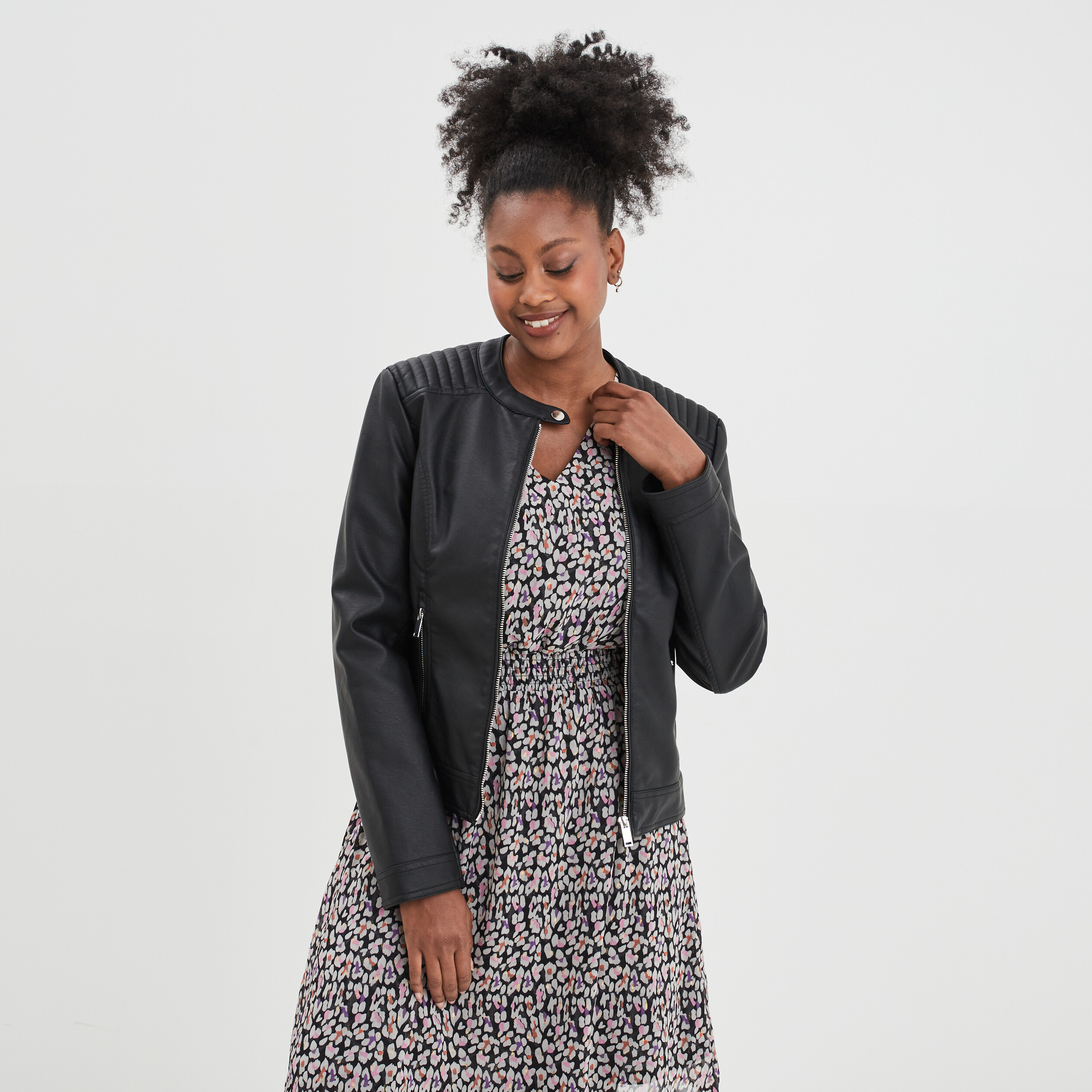Veste biker simili cuir zippée noir femme | La Halle