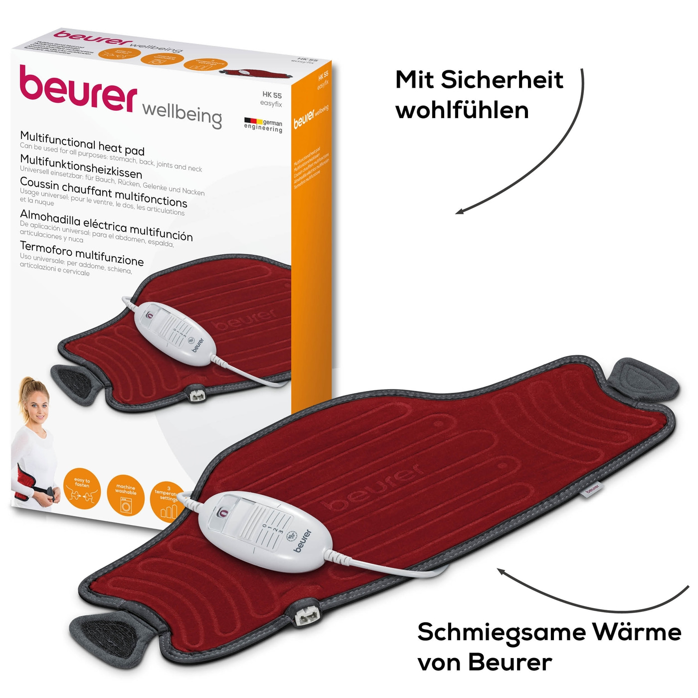 Beurer Heizkissen HK 55 Easyfix-Velours-Heizkissen für Bauch, Rücken & Gelenke mit innovativem Verschluss