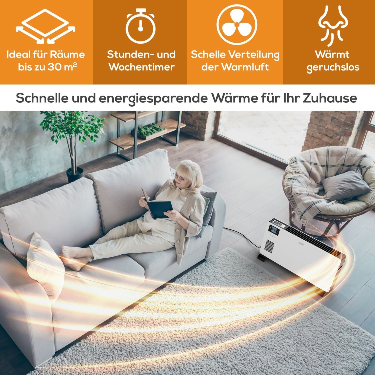 TroniTechnik Konvektor Elektroheizer KH102 Konvektor Heizgerät Heizkörper, 3 Stufen 2300 Watt, 2300 W, mit Griffmulde, Timer und Thermostatsteuerung, Überhitzungsschutz