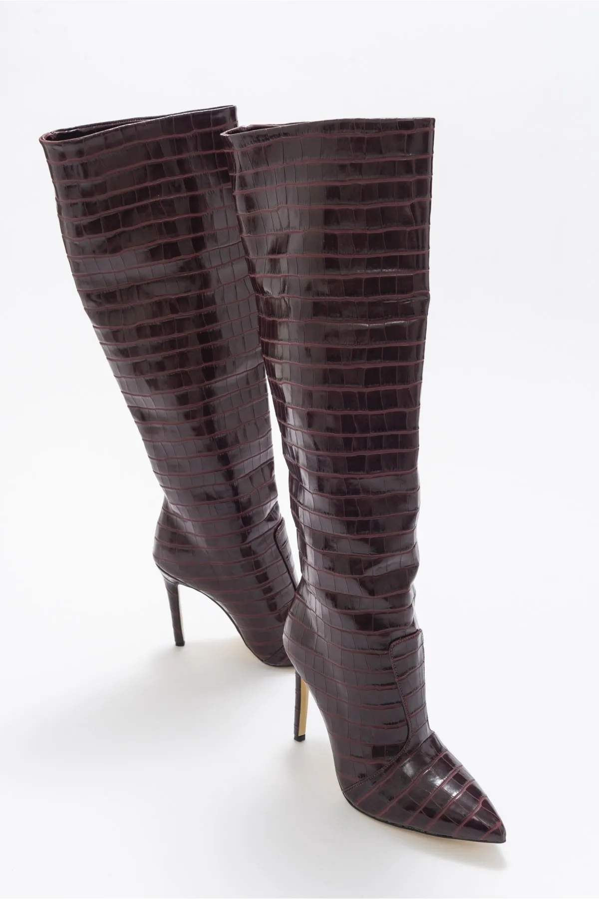 LuviShoes  Marineblaue, weinrot bedruckte Damenstiefel mit Absatz