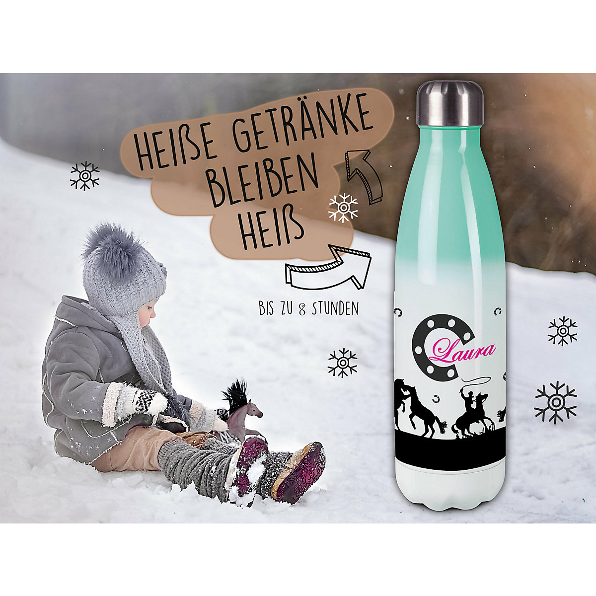 Edelstahl Kinder Thermoflasche / Trinkflasche bunt Pferd-Cowboy schwarz Spülmaschinenfest, Auslaufsicher, Bruchfest, Doppelwandig, Für Heißgetränke geeignet, Mit Deckel, Isoliert