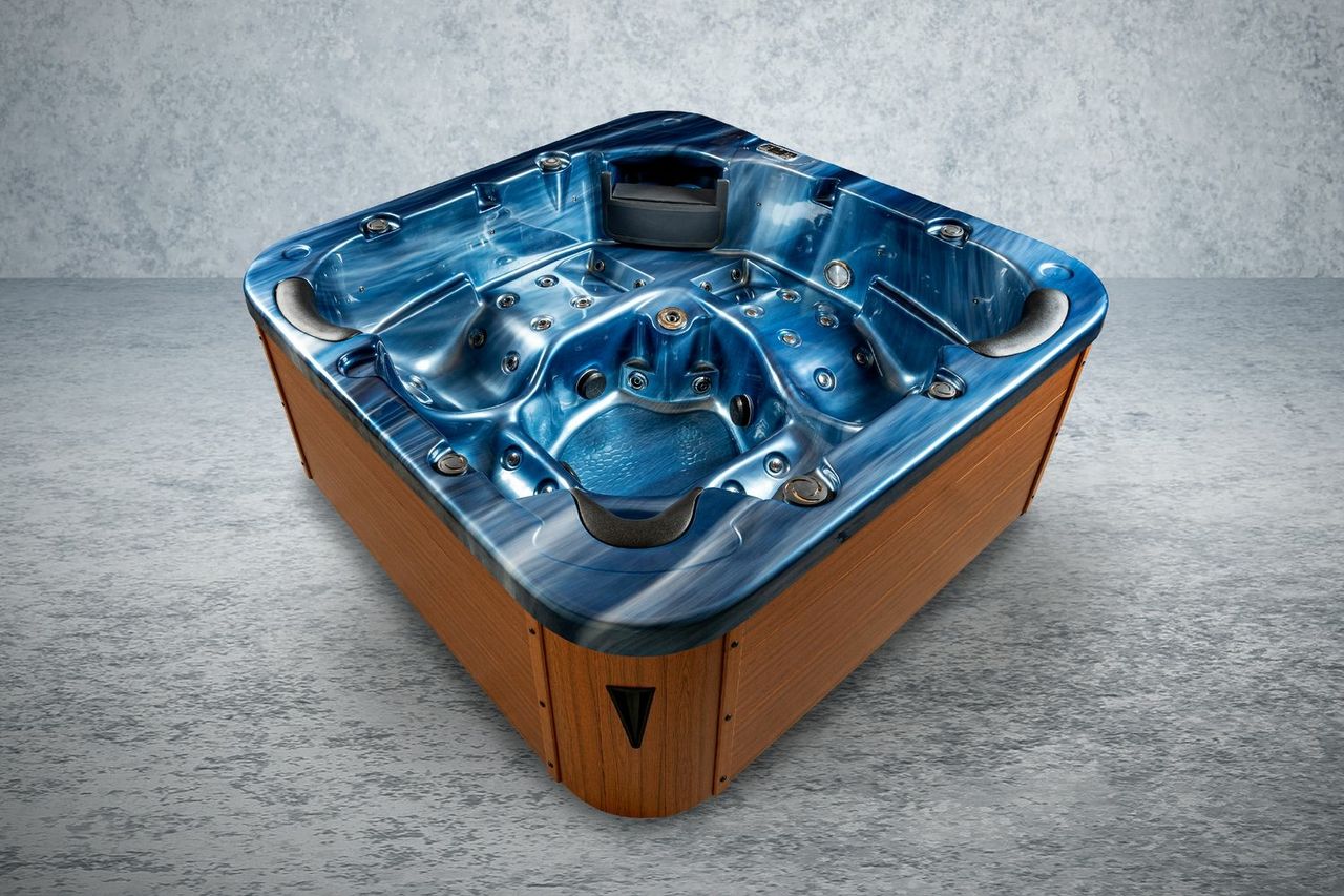 PureHaven Outdoor-Whirlpool 215x215 cm für 5 Personen mit 53 Massagedüsen Heizung Farblicht und Thermoabdeckung UV-Wasseraufbereitung 2 Liegeflächen
