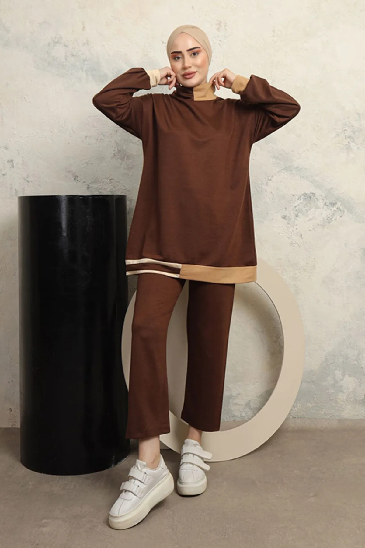 benguen  3402 Zweifädiger Hijab-Anzug, Braun