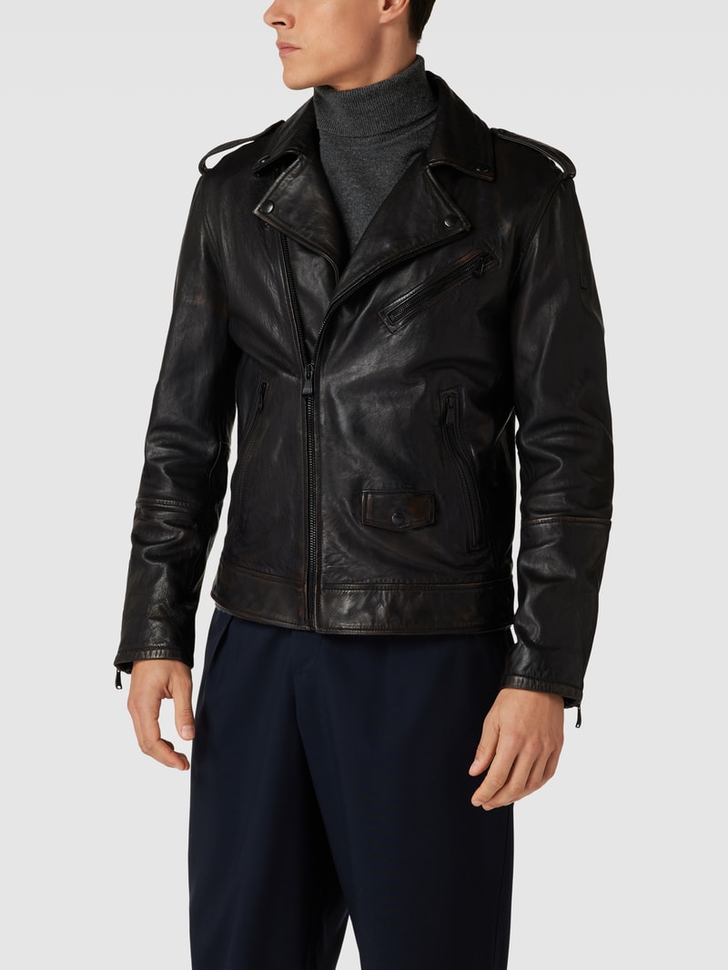 Lederjacke mit Label-Details Modell 'Alexis' in dunkelbraun