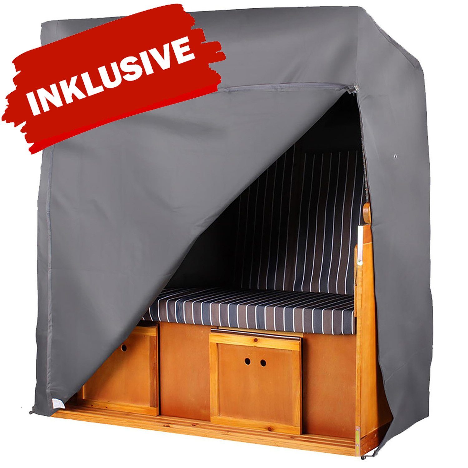 bene living Strandkorb Königssee 2-Sitzer Mahagoni - PE grau - Modell 580, BxTxH: 142x95x170 cm, Volllieger ca. 175 Grad, Ostsee-Strandkorb Komplettset, inkl. Liftersystem und Bullaugen